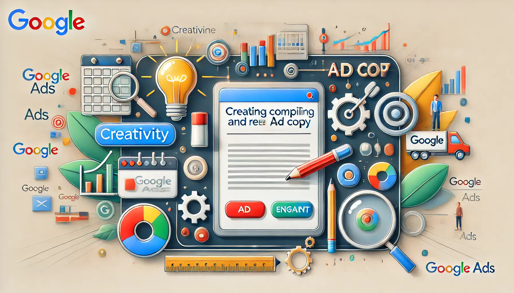 Image illustrating the process of crafting compelling ad copy with creativity symbols and engagement icons.