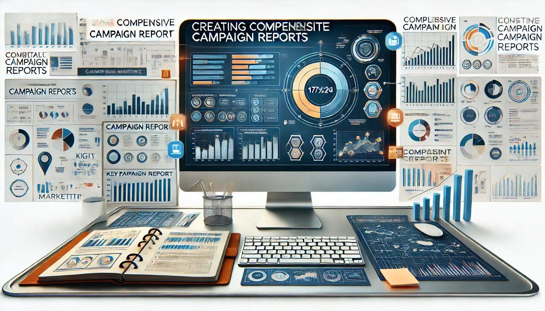 Image depicting a digital workspace with a computer showing a comprehensive campaign report featuring detailed charts and graphs.