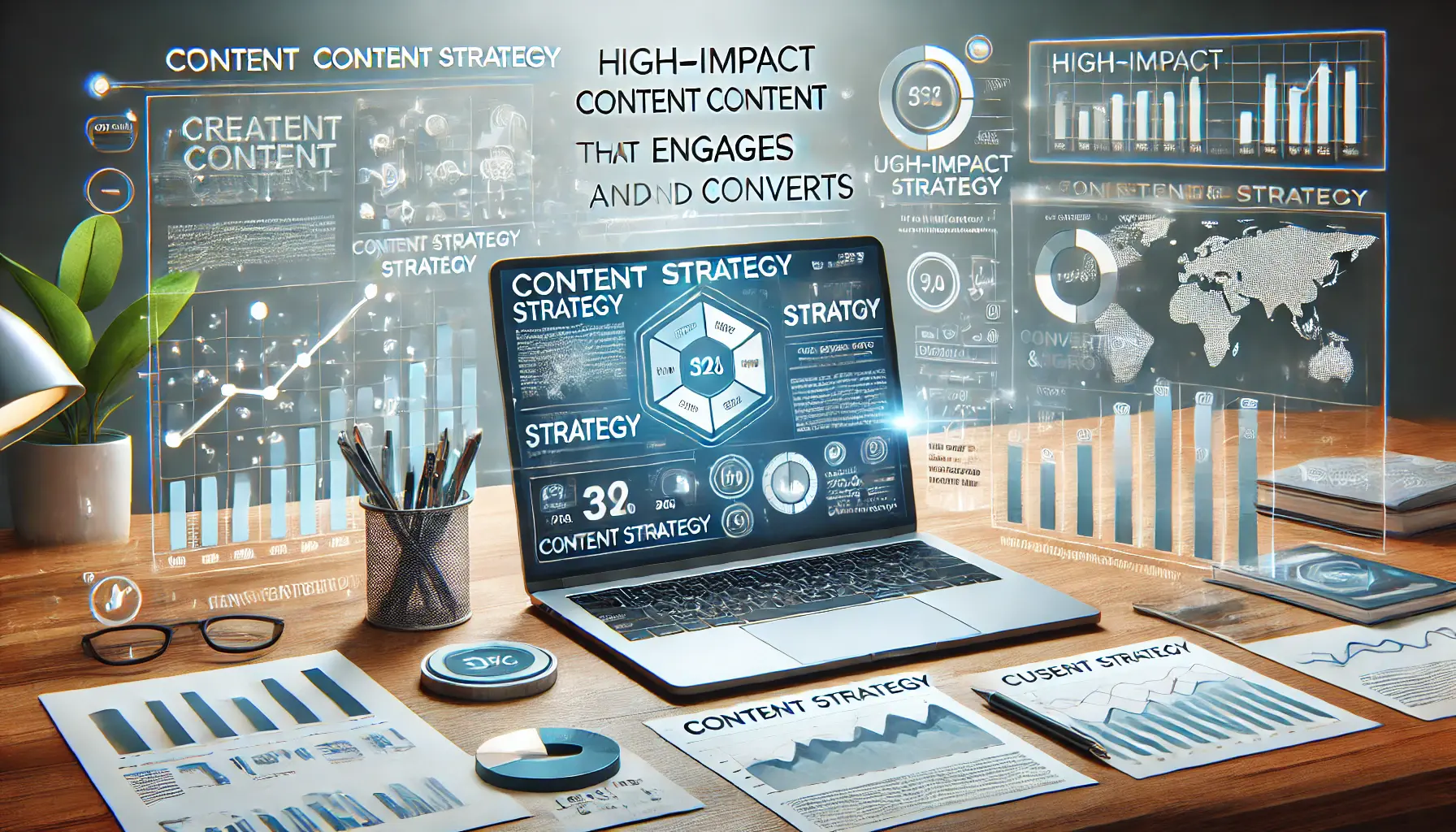 A professional workspace with a laptop displaying content strategy and analytics, surrounded by charts and graphs showing user engagement, traffic growth, and conversions.