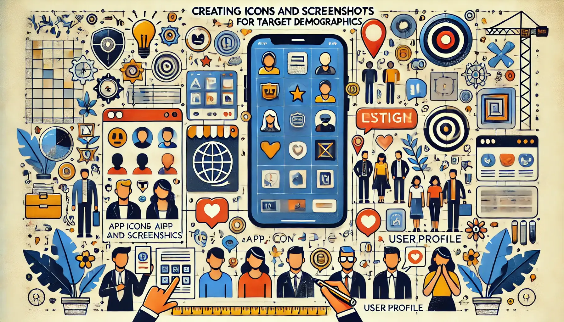 Image illustrating the design process of creating app icons and screenshots tailored for different user demographics, featuring a workspace with design tools, customizable icons, screenshots, and diverse user profile icons.