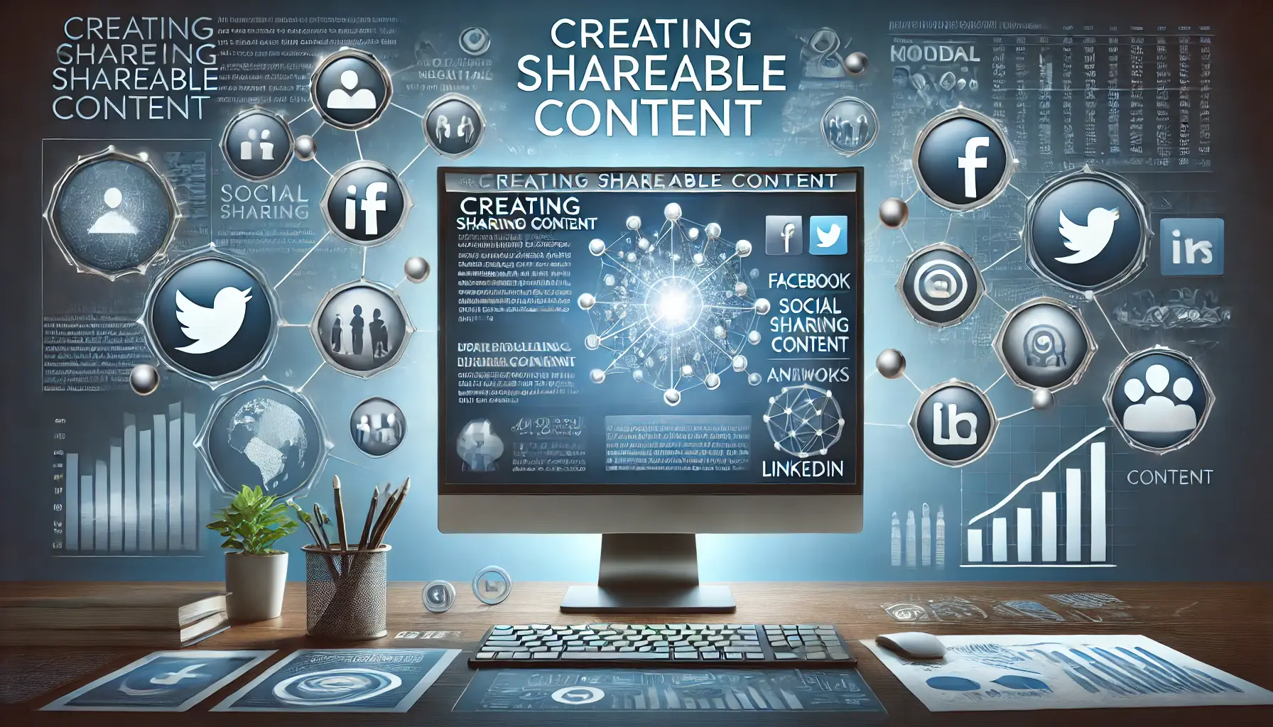 A computer screen displaying engaging content with social sharing icons for platforms like Facebook, Twitter, and LinkedIn, surrounded by arrows and network nodes symbolizing content virality and sharing.