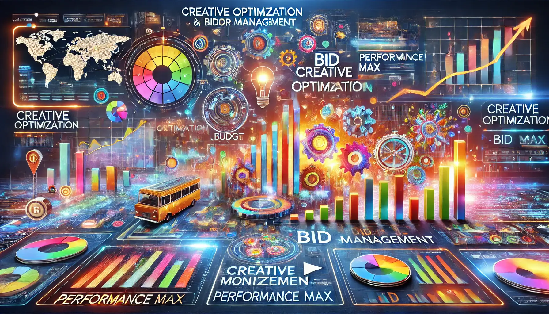 An image showing creative assets like video thumbnails and bid sliders, representing creative optimization and bid management in Performance Max campaigns.