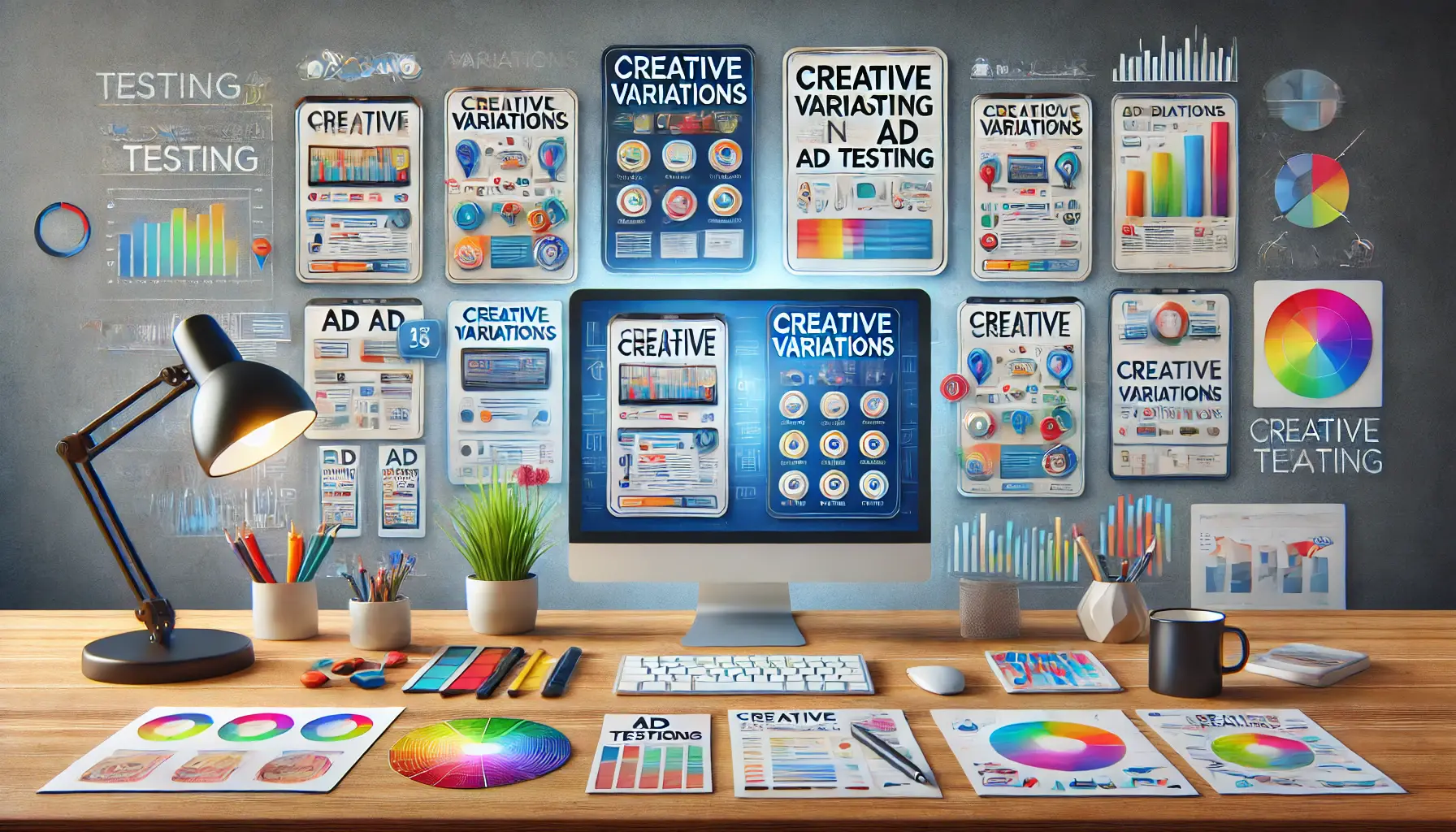 A workspace with multiple ad mockups on a computer screen showcasing different ad copy and visuals.