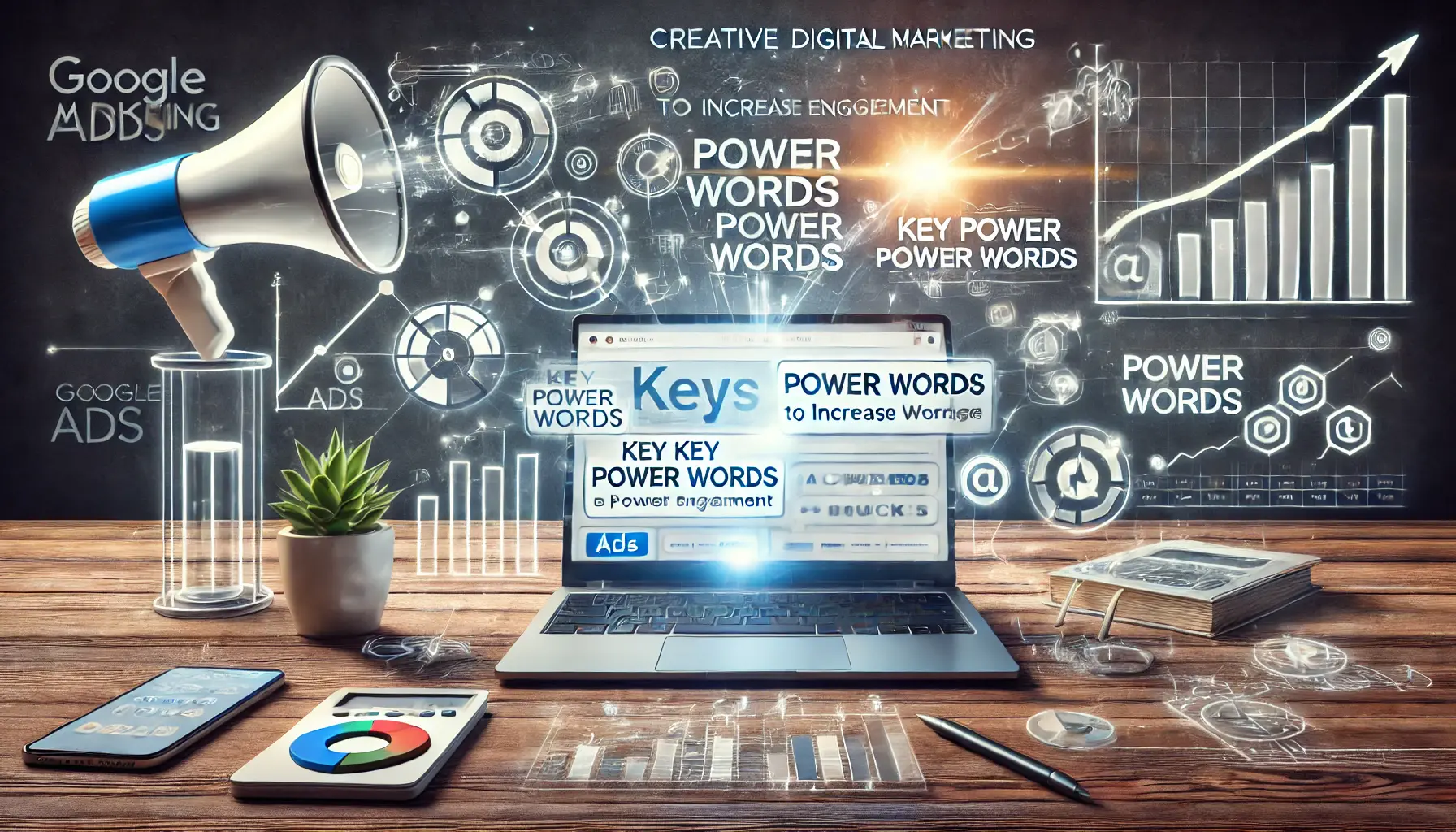 A modern digital marketing workspace with a laptop displaying Google Ads where power words are being tested, with symbols of engagement like a lightning bolt, megaphone, and upward trend graph.