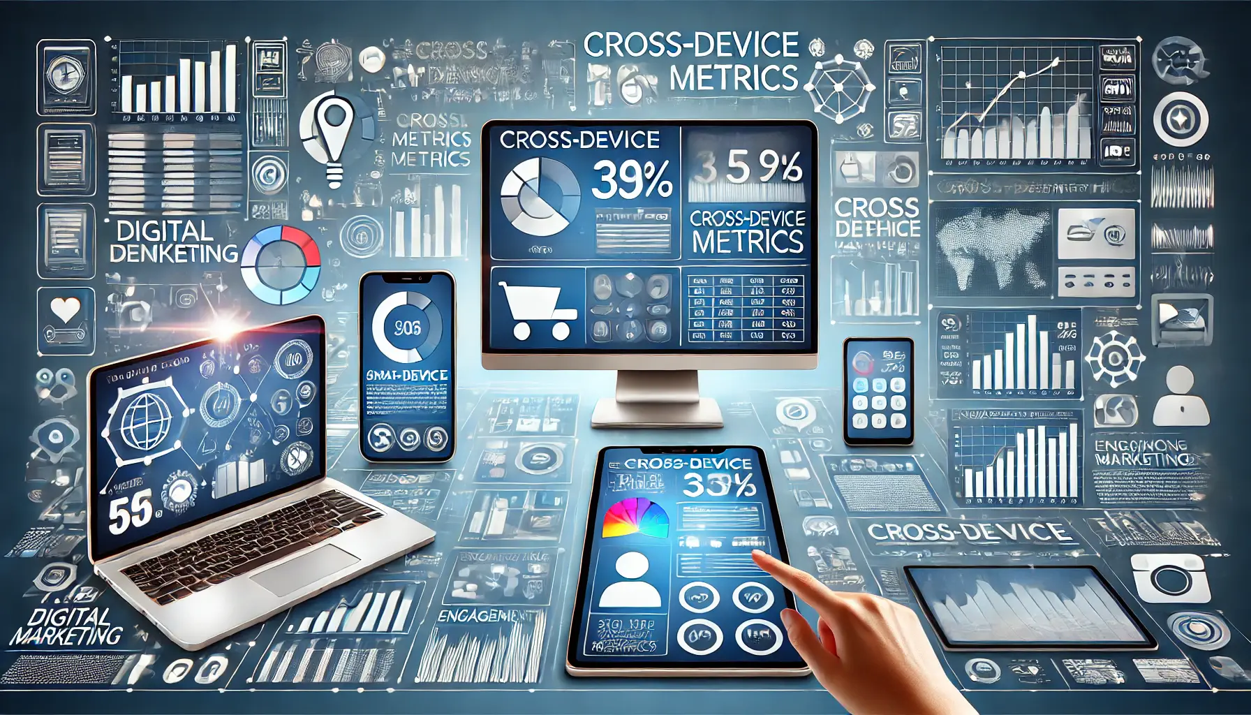 A visually informative image illustrating cross-device metrics in digital marketing, featuring different devices showing analytics.