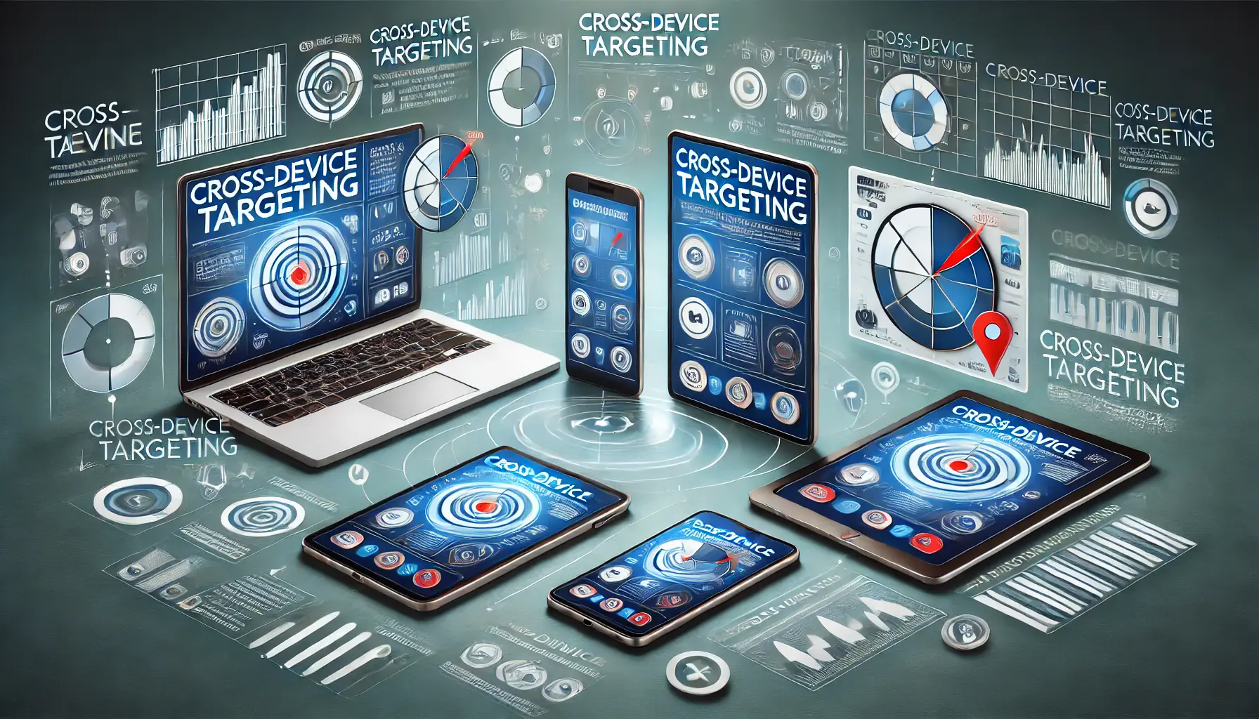 Multiple devices including a smartphone, tablet, and desktop showing synchronized ads and tracking data, symbolizing cross-device targeting