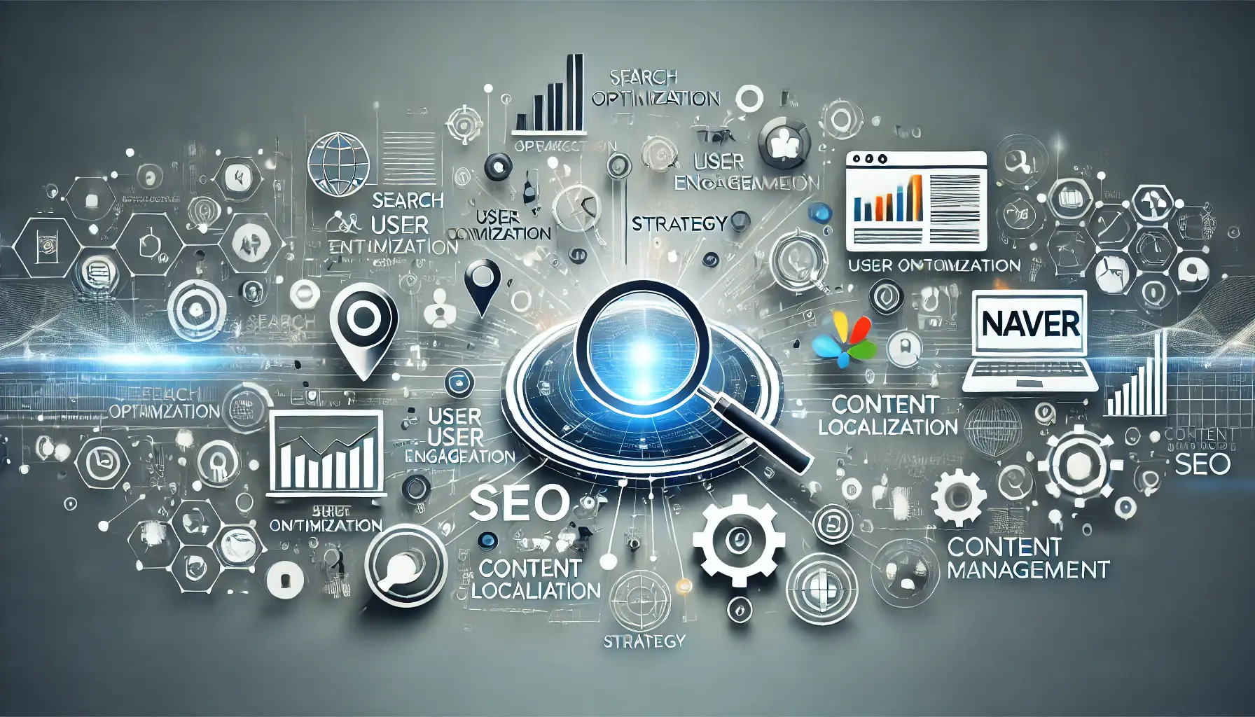 An abstract representation of the key elements in an effective Naver SEO strategy, featuring symbols of search optimization, user engagement, and content management.