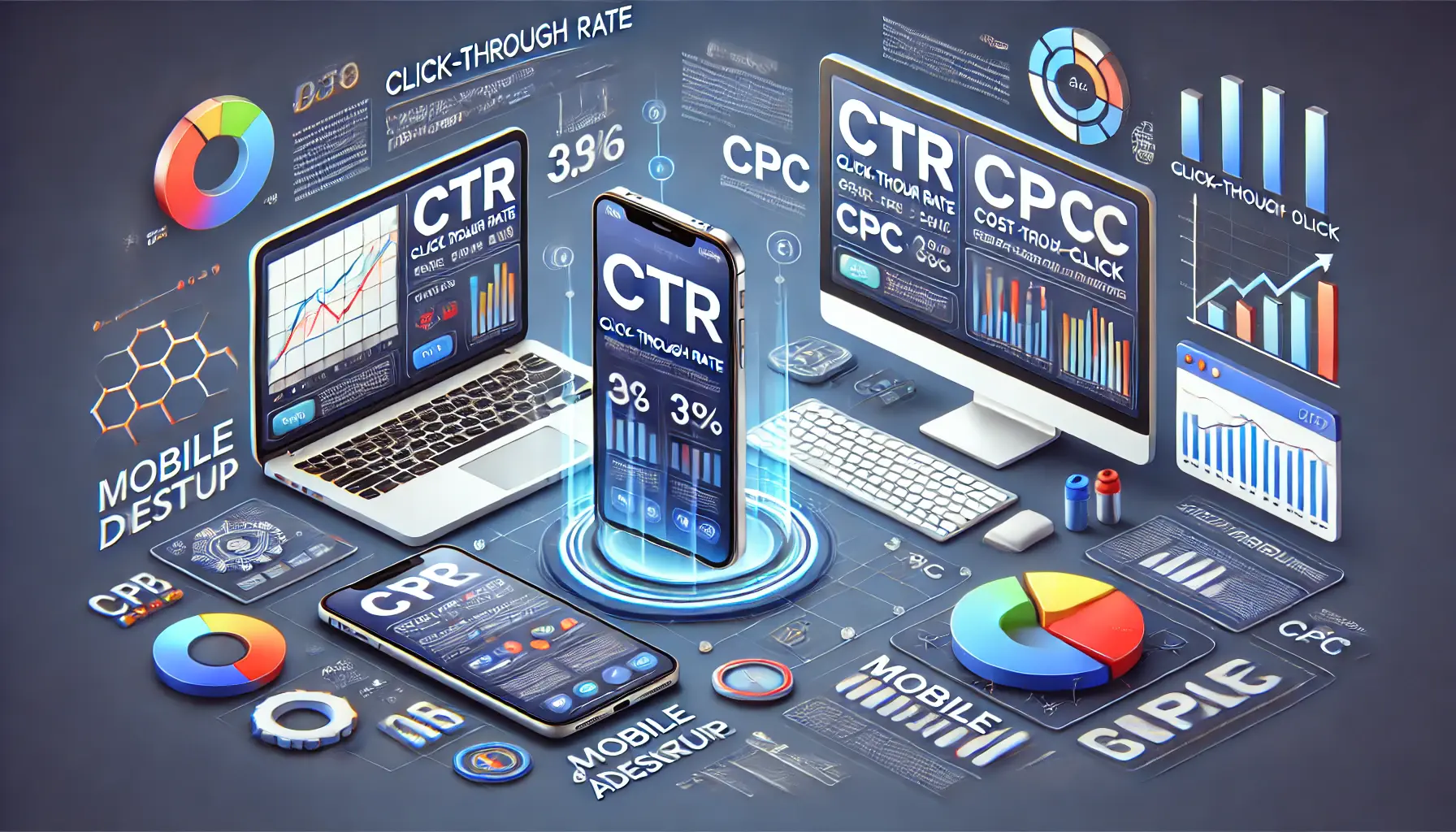 Smartphone and desktop displaying analytics dashboards with CTR and CPC metrics, symbolizing differences in mobile and desktop ad performance