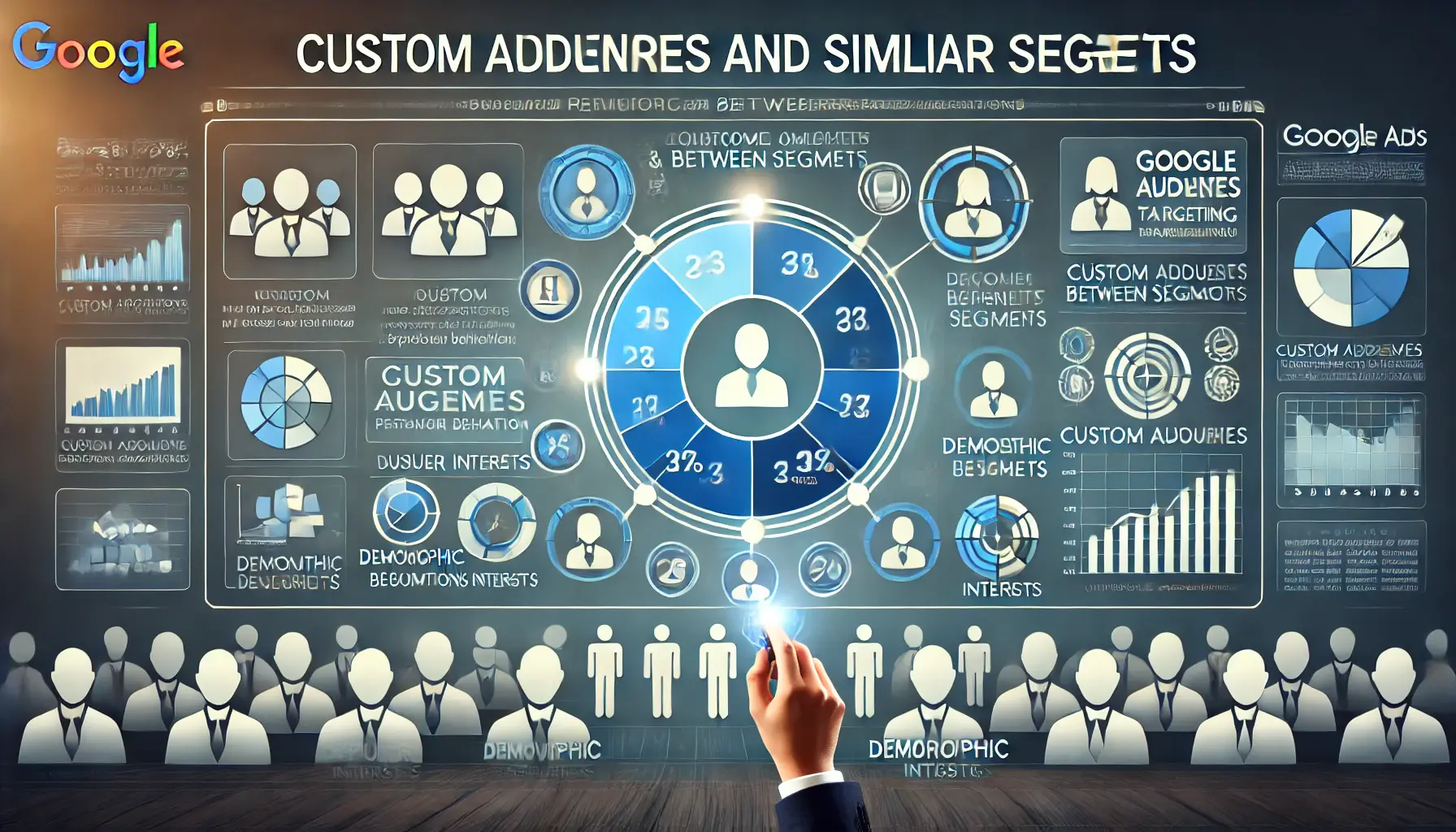 A professional image representing custom audiences and similar segments in Google Ads, with audience categories and demographic filters.