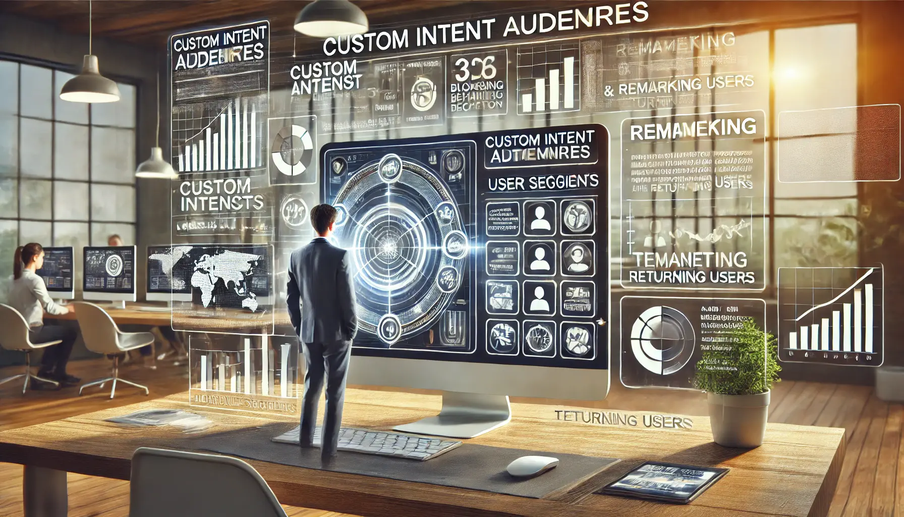 Digital marketing professional analyzing audience data for custom intent audiences and remarketing.