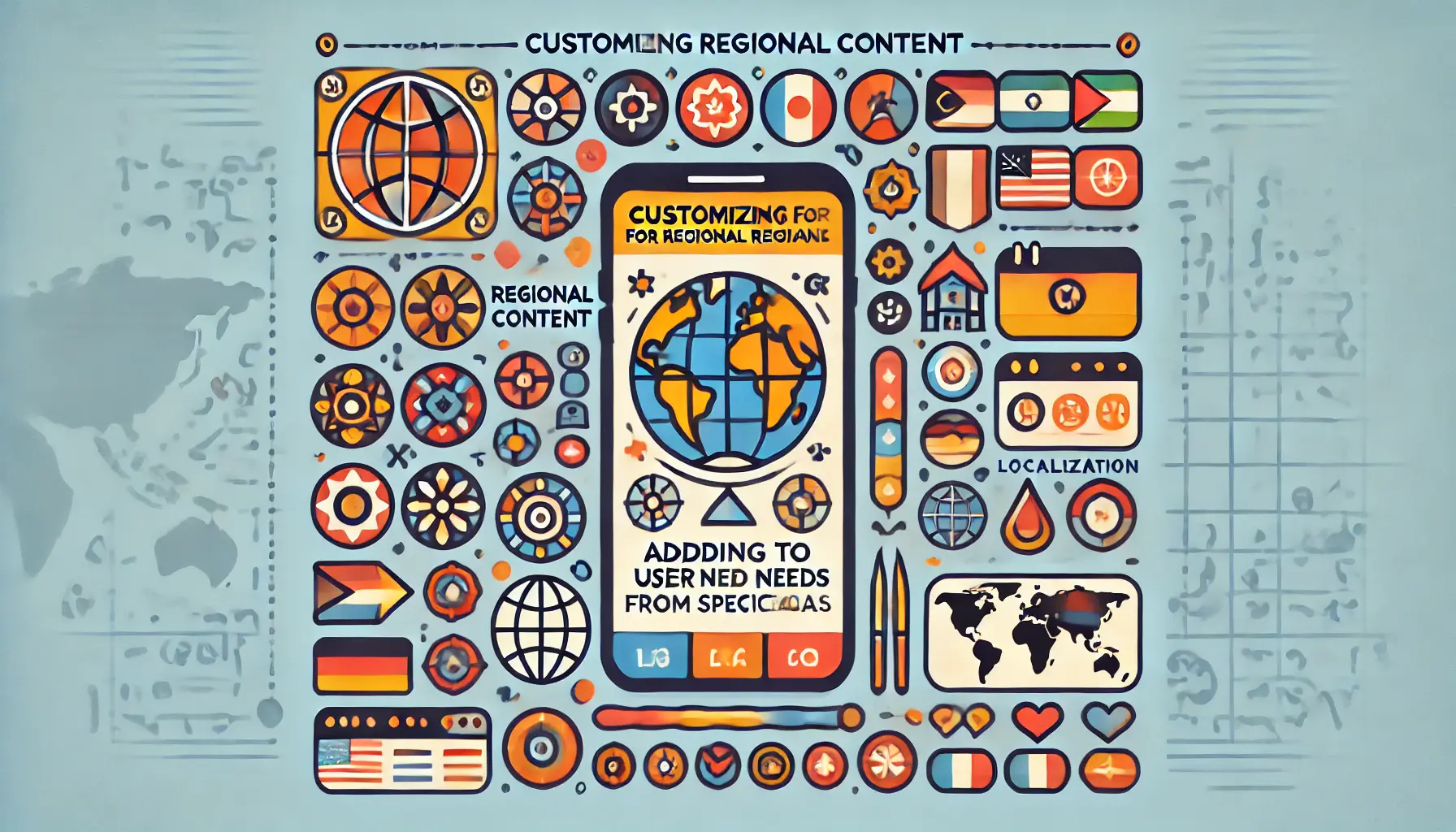 Image illustrating the adaptation of app content to meet regional and cultural preferences, featuring a globe with highlighted regions, diverse cultural symbols, a mobile app interface with regional customizations, and localization tool icons.