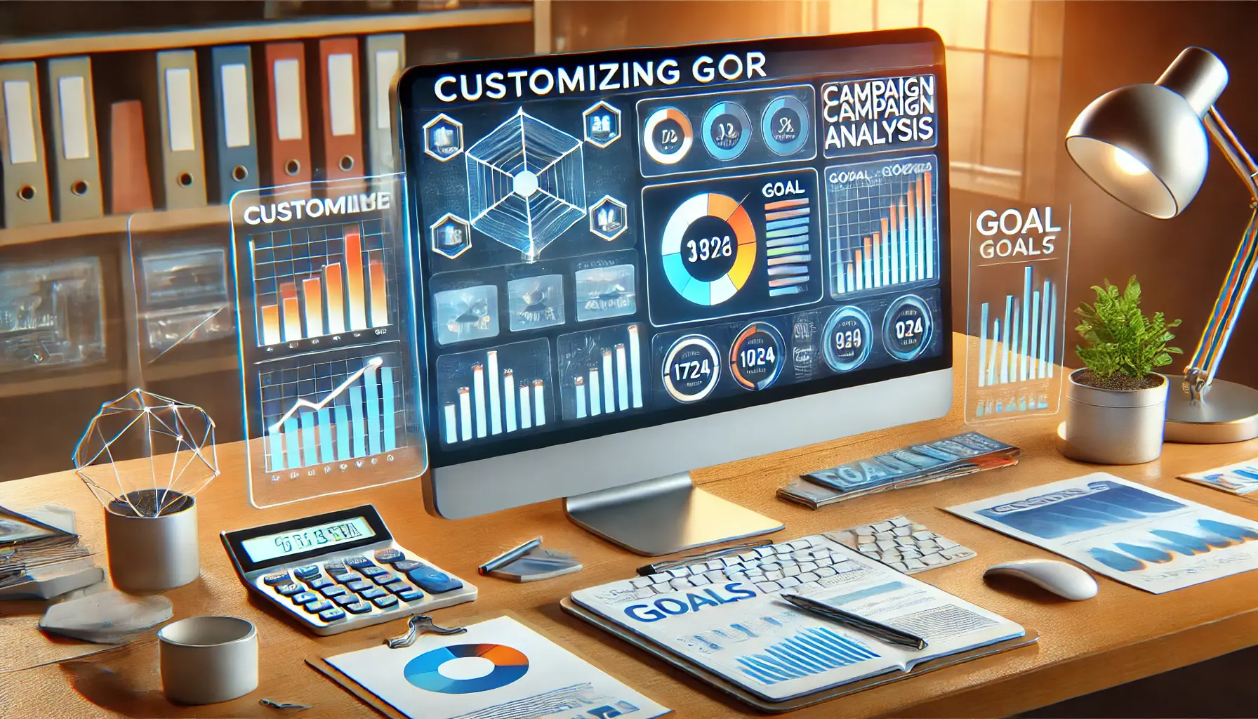 Image depicting a digital workspace with a computer showing the customization process for campaign goals in analytics software, featuring goal settings and charts.