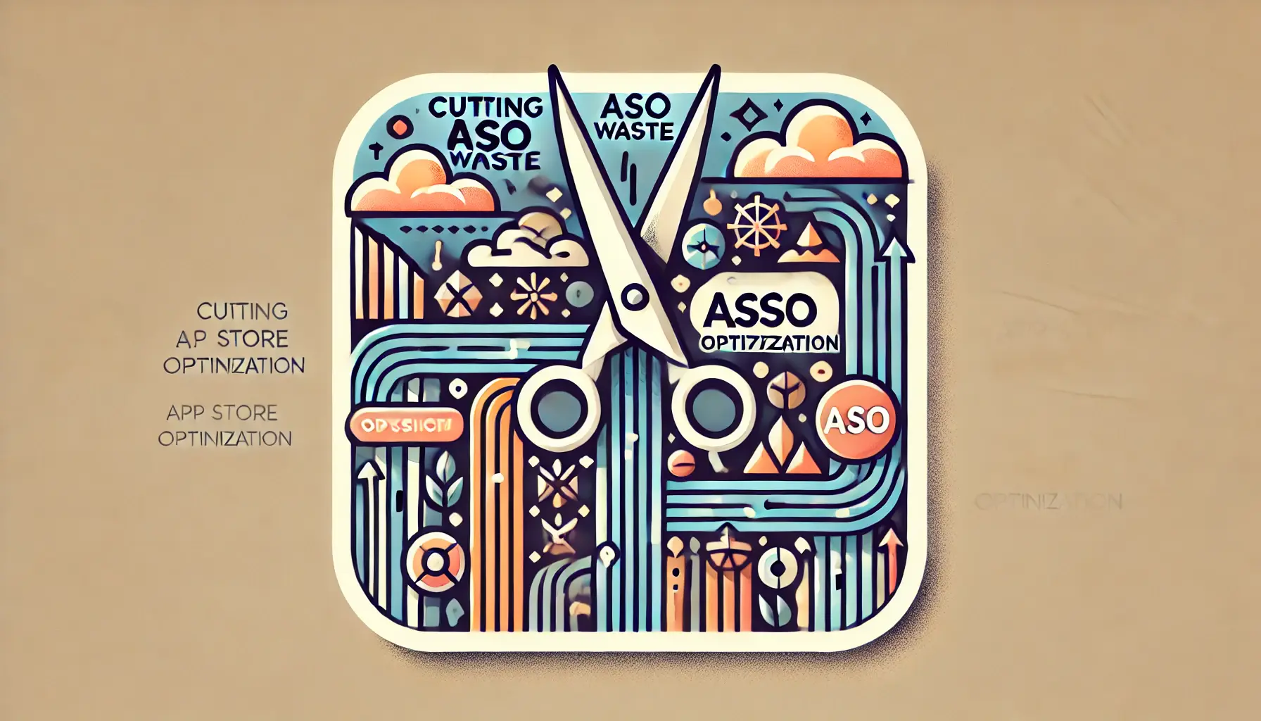 Abstract image symbolizing the elimination of inefficiencies in ASO with visuals of scissors cutting through unnecessary elements and streamlined pathways.