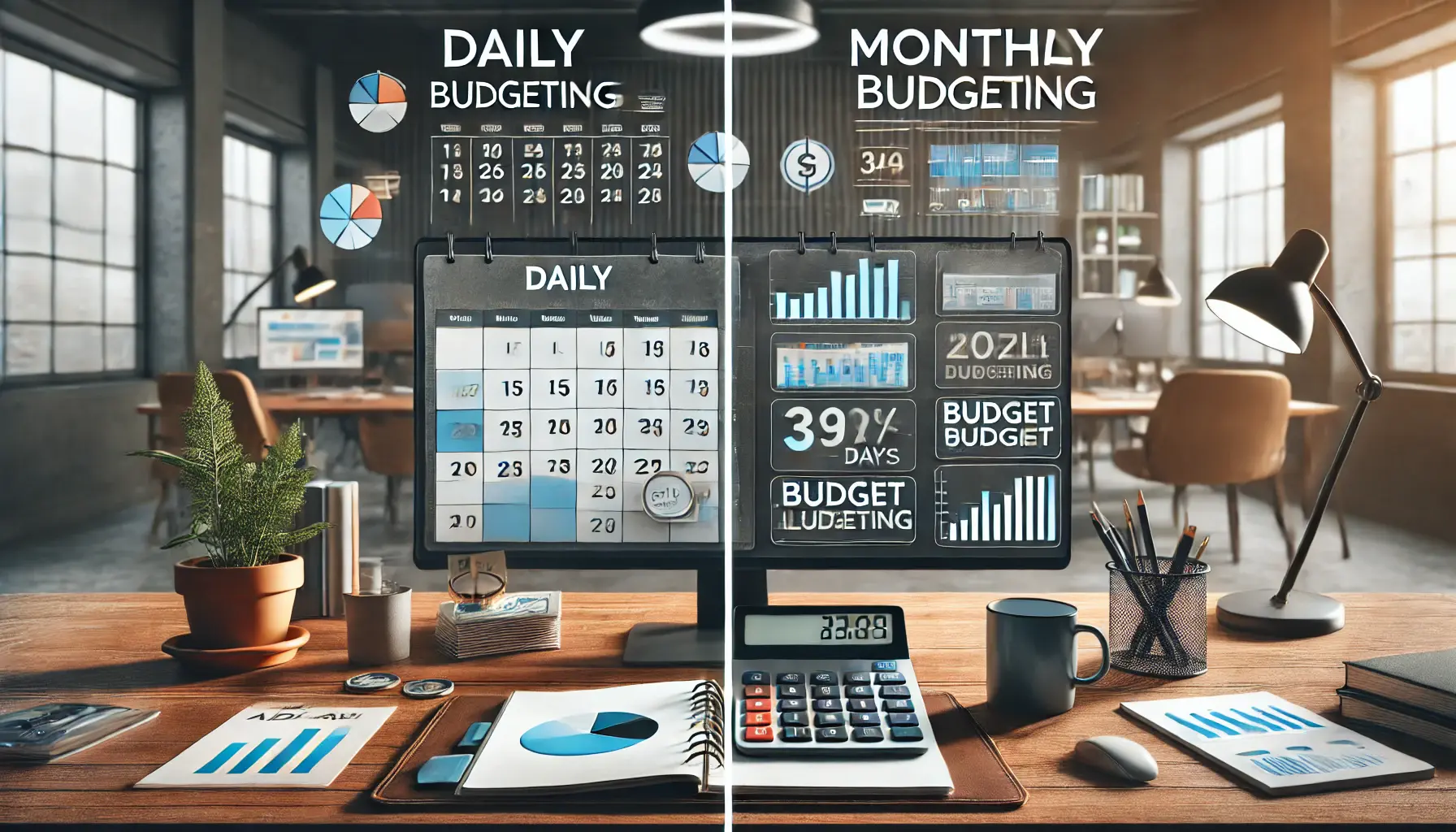 A comparative view of daily and monthly budgeting with a calendar and a monthly planner.