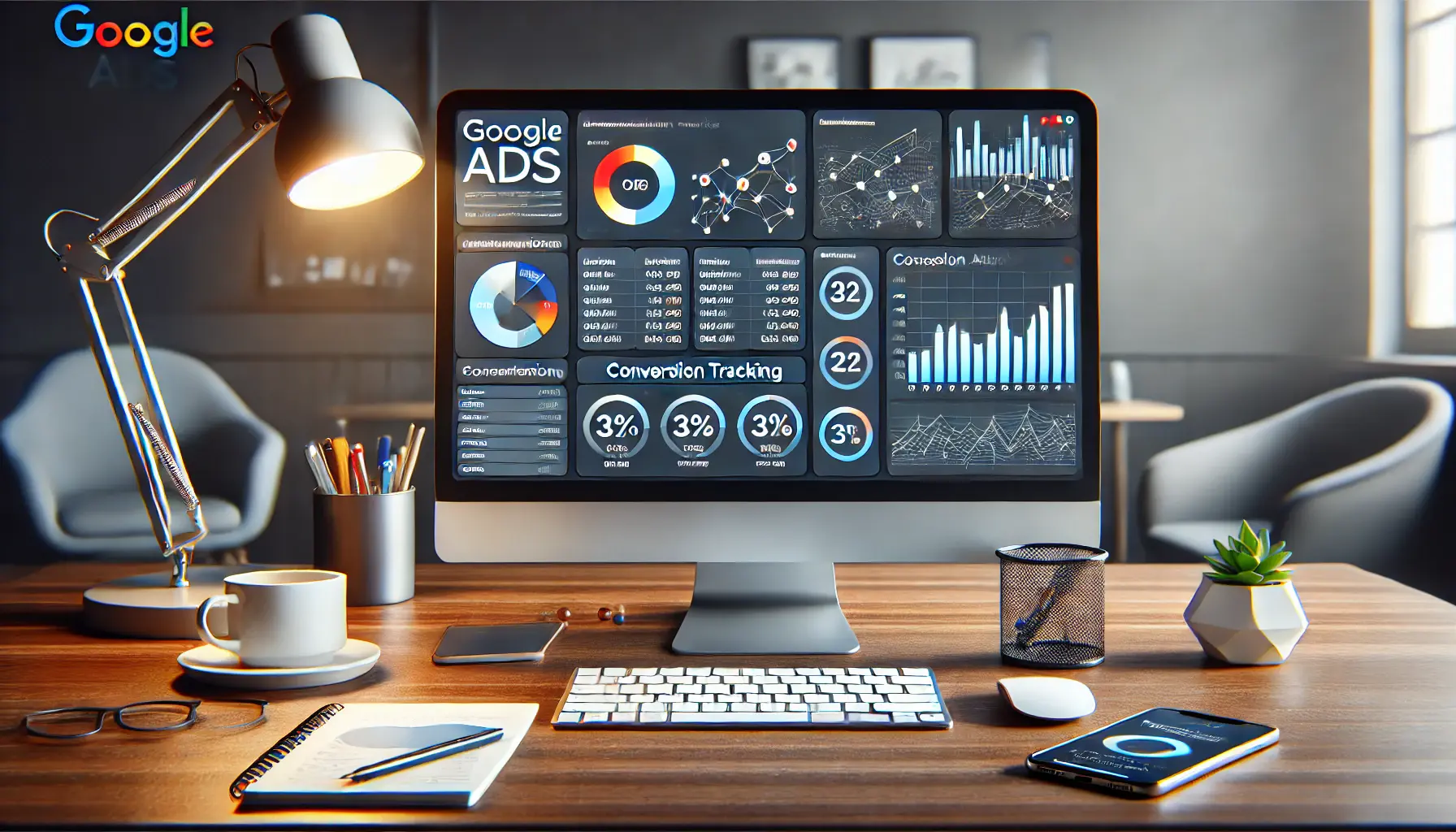 A modern digital marketing workspace showing a computer screen with Google Ads analytics dashboard, emphasizing data-driven attribution elements.