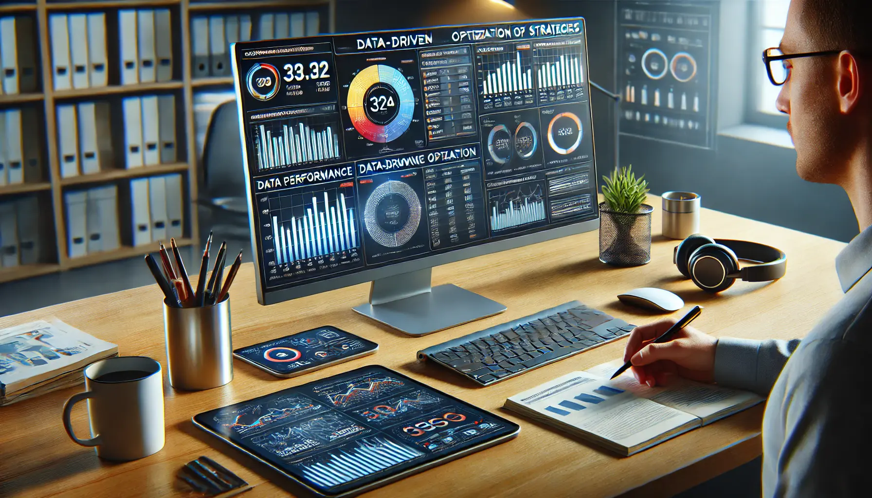 Marketer analyzing performance data for optimization strategies on a computer screen.