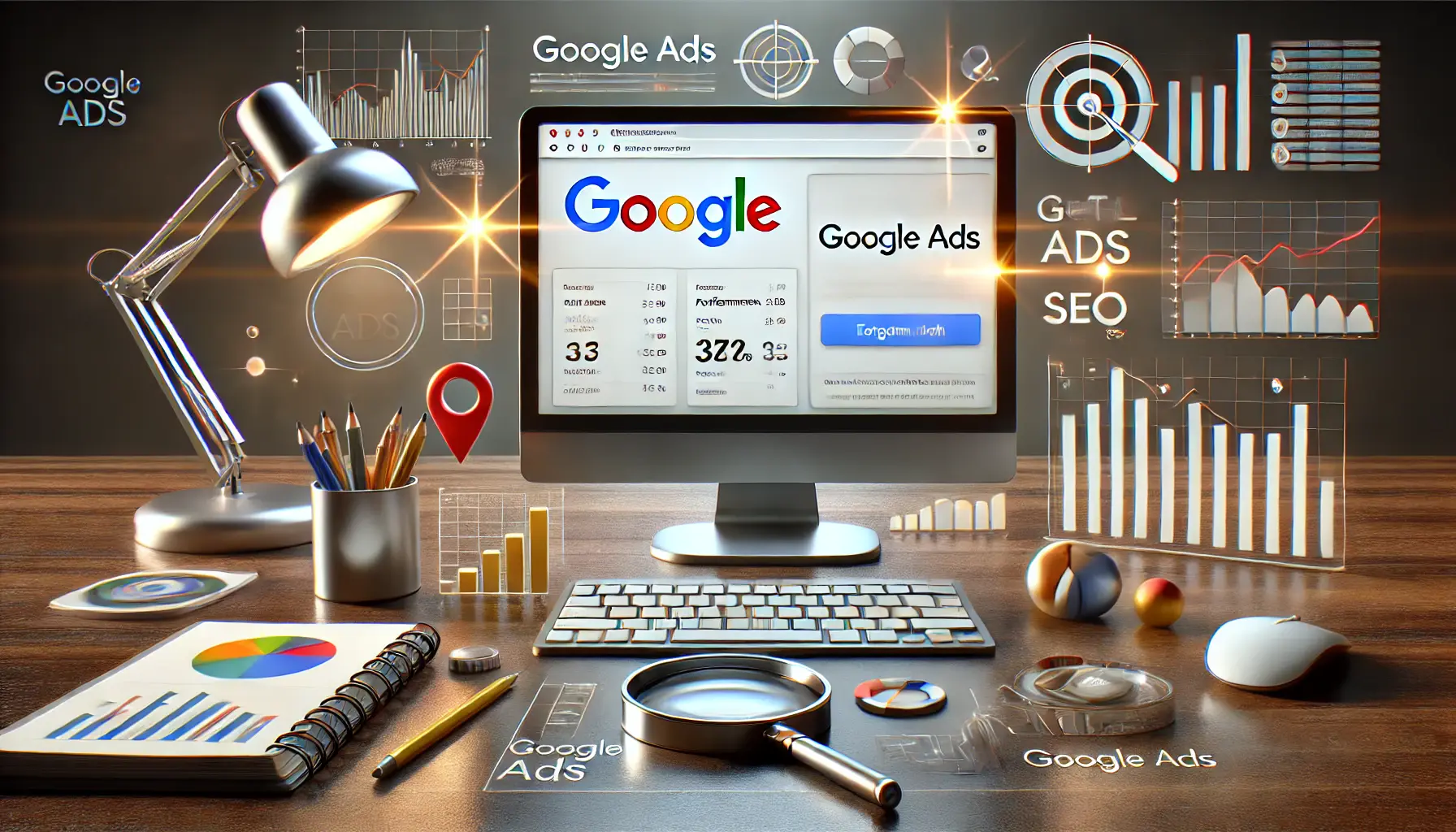 A digital display of Google Ads dashboard with various analytical tools like charts and graphs, symbolizing data-driven strategies in digital marketing.