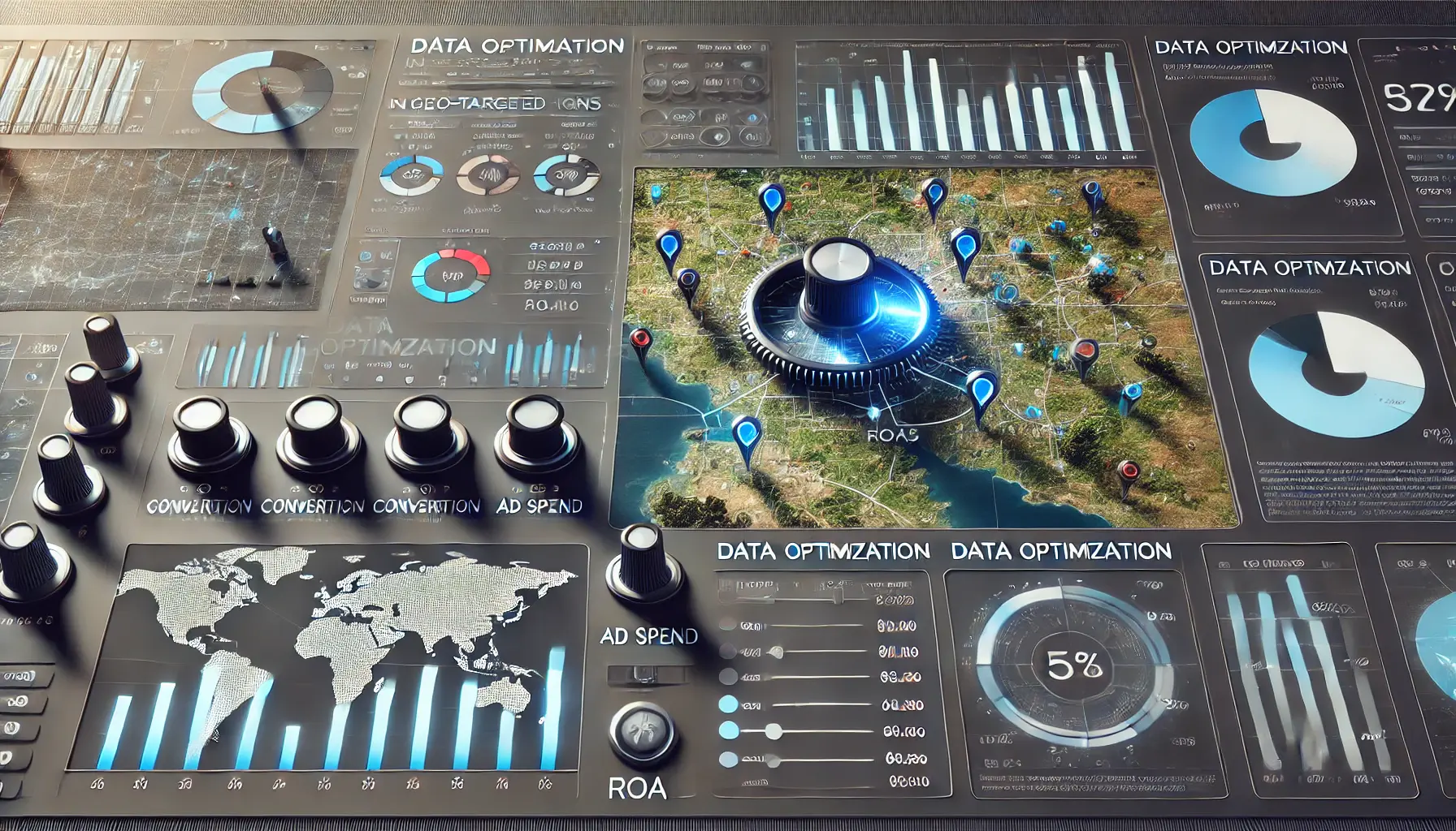 A digital dashboard showing performance metrics like conversion rates and ROAS with a map highlighting regions for optimization