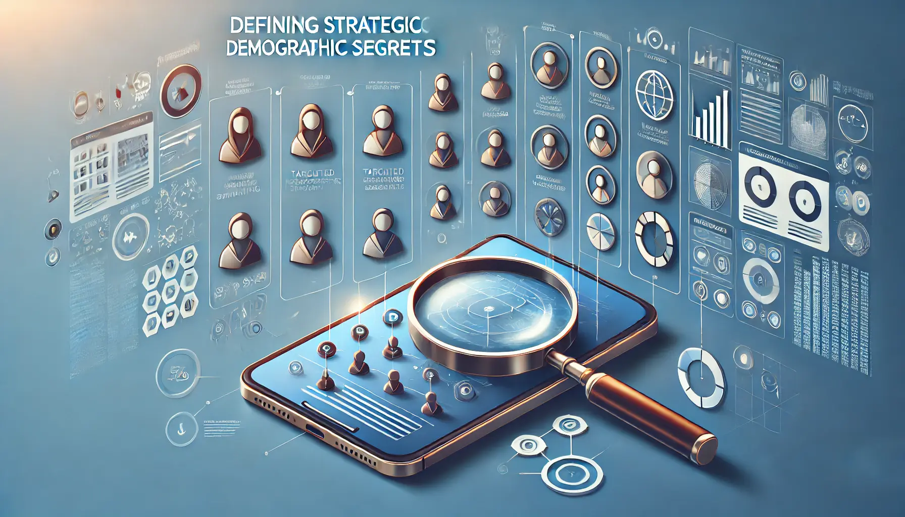 Image illustrating the process of identifying and analyzing specific demographic segments for app marketing, featuring a mobile app interface, diverse demographic icons, data charts, and analysis symbols.