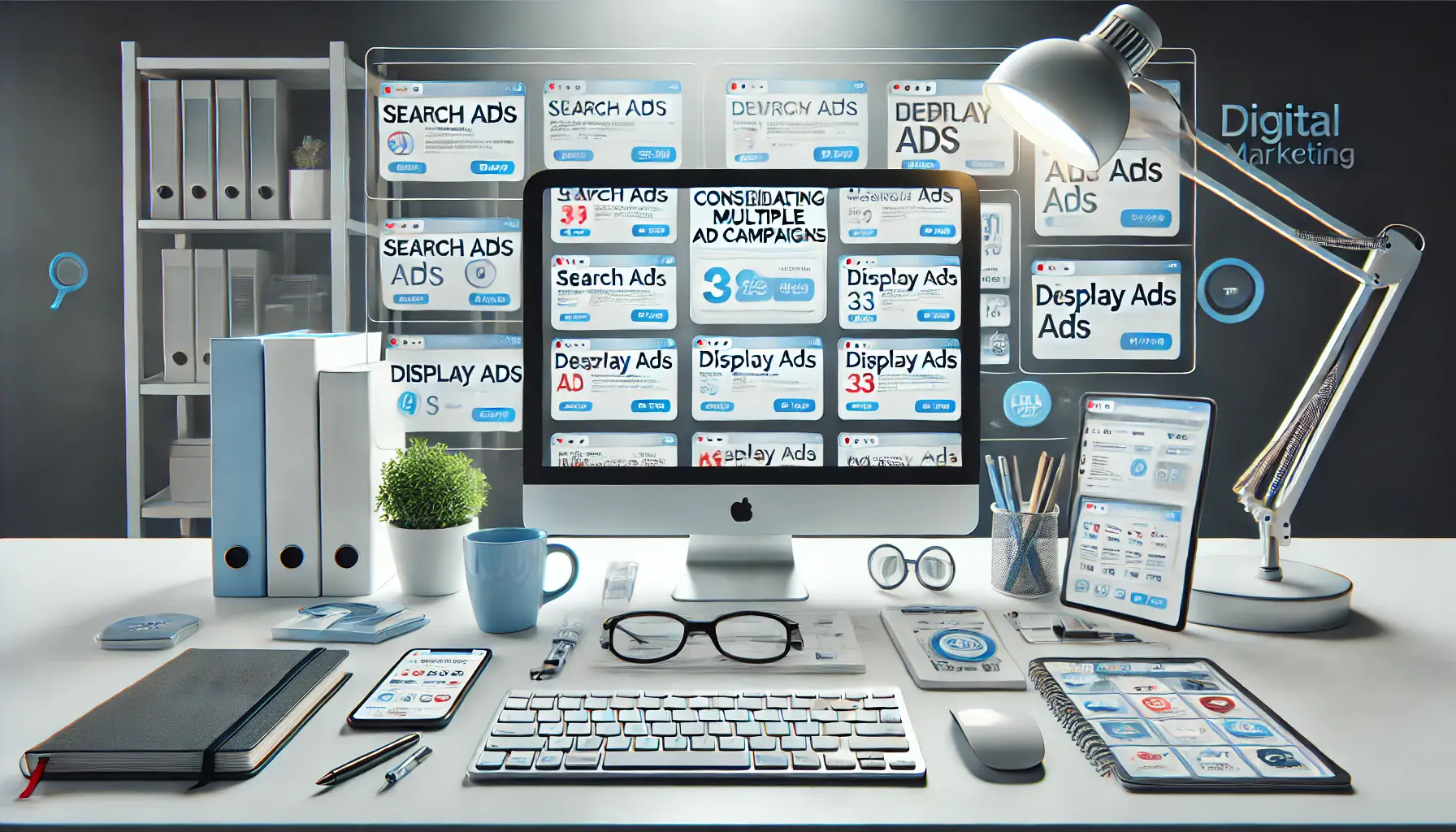 A realistic digital marketing setup showing multiple browser windows with different types of digital ads being combined on a unified dashboard, symbolizing ad campaign consolidation.