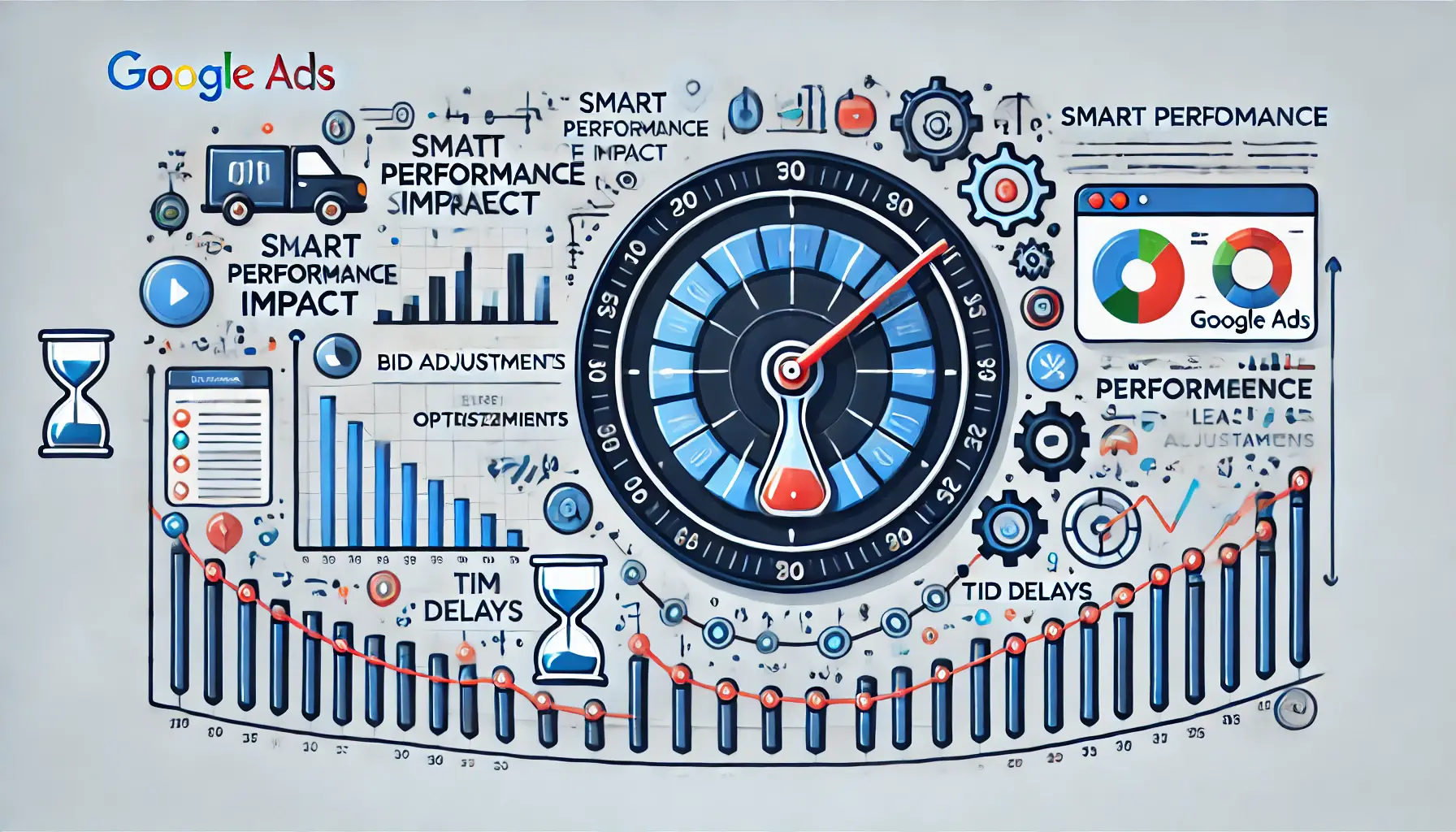 Illustration of delayed performance impact in Smart Bidding for Google Ads, showing slow-moving graphs and a clock symbolizing time delays.