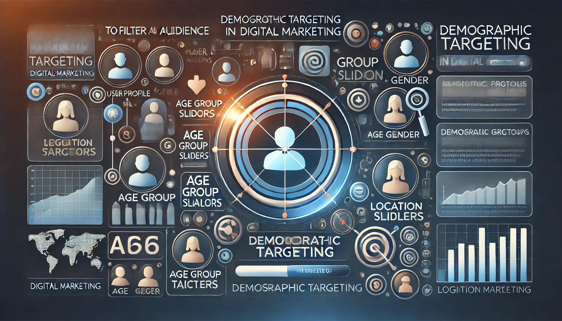 Digital marketing interface with filters for age, gender, and location for demographic targeting