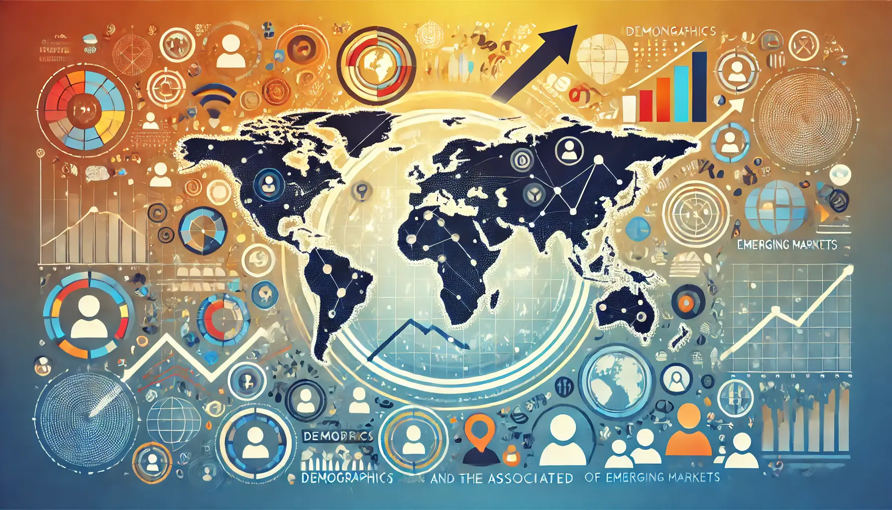 Image illustrating the connection between changing demographics and the growth of emerging markets, featuring a world map highlighting emerging regions, demographic icons, and growth symbols like arrows or trends.