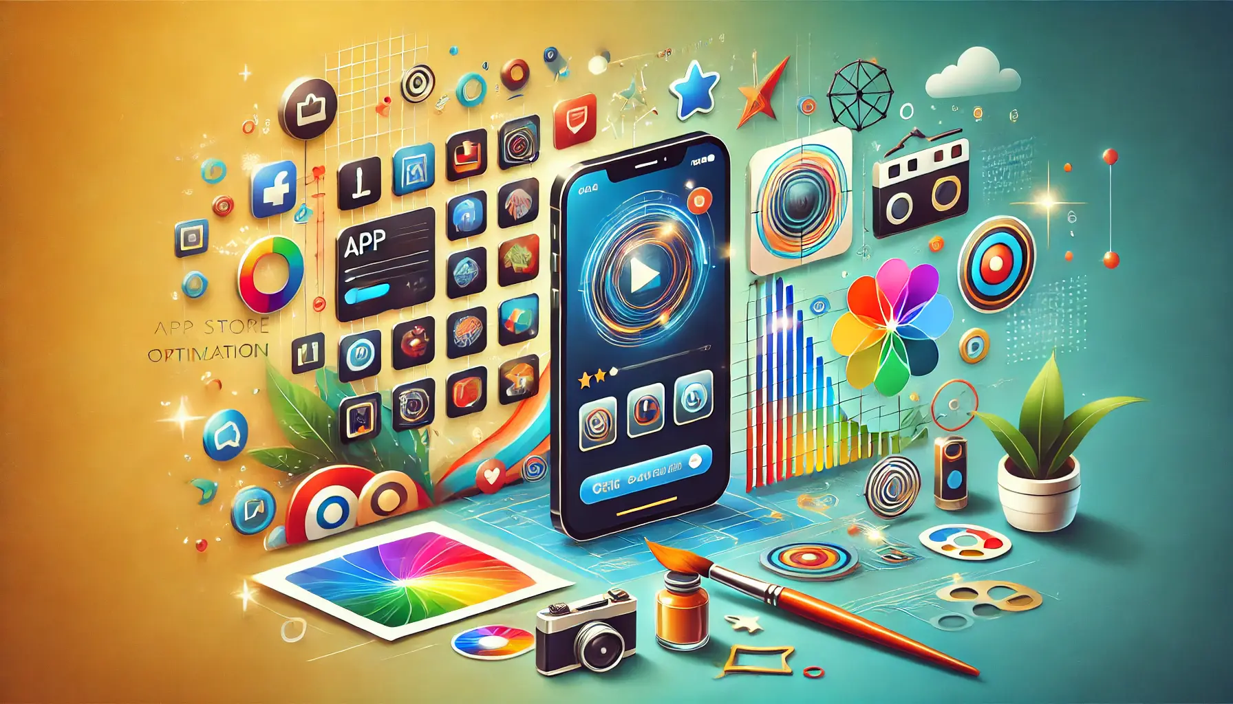 Illustration representing the process of designing attractive app icons and screenshots, featuring a mobile device with a focus on a well-designed app icon and vibrant screenshots.