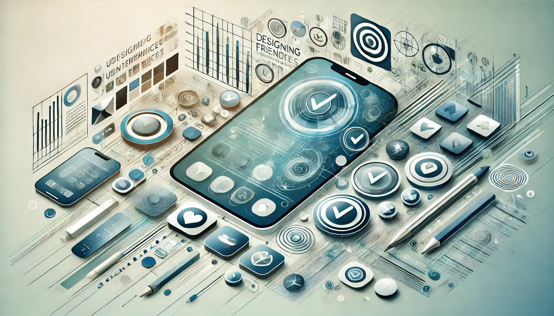 Abstract representation of designing user-friendly and compliant interfaces, featuring symbols of UI elements and compliance checks.