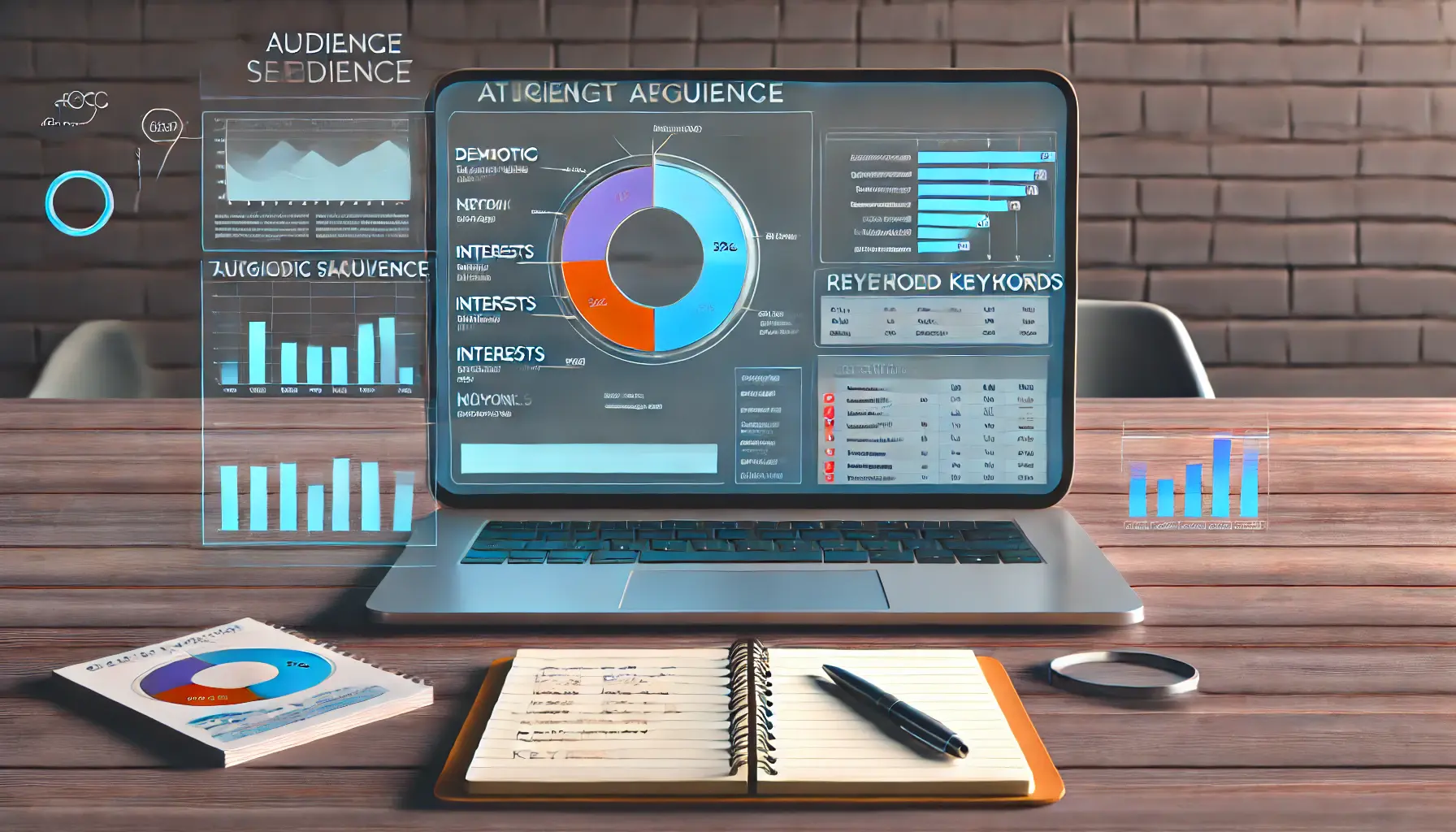 A digital screen displaying audience segmentation and keyword analysis tools on a modern office desk.