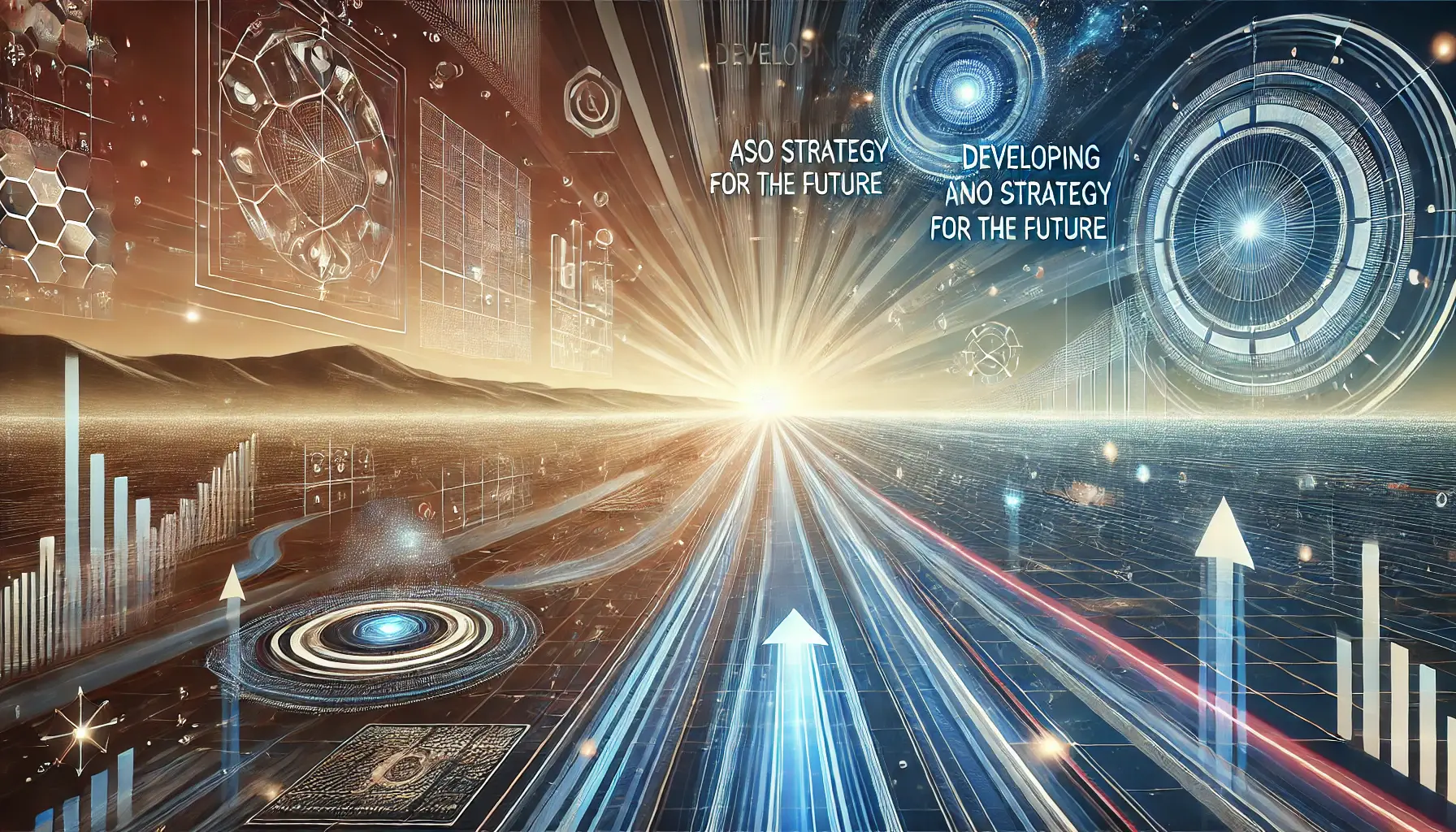 Abstract image symbolizing forward-thinking and future-oriented planning in ASO with visuals of a pathway leading to a bright horizon, digital grids, and arrows pointing forward.