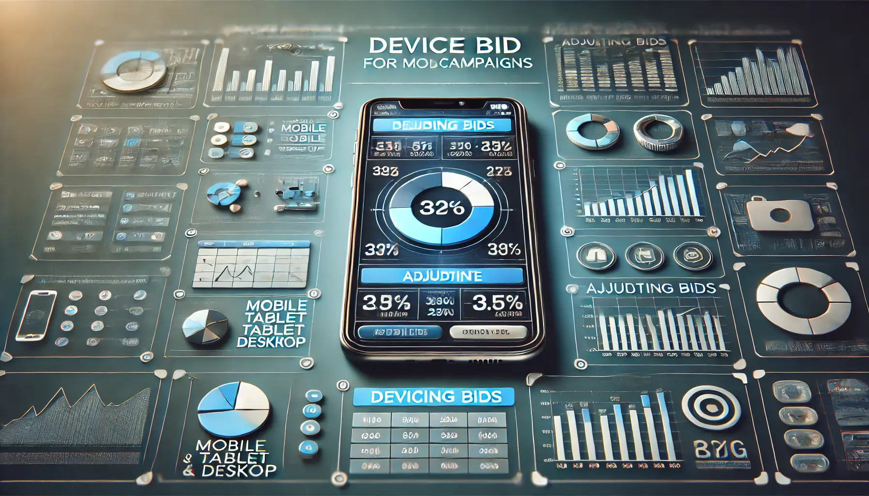 Smartphone displaying a bidding dashboard interface with options for adjusting bids across devices like mobile, tablet, and desktop