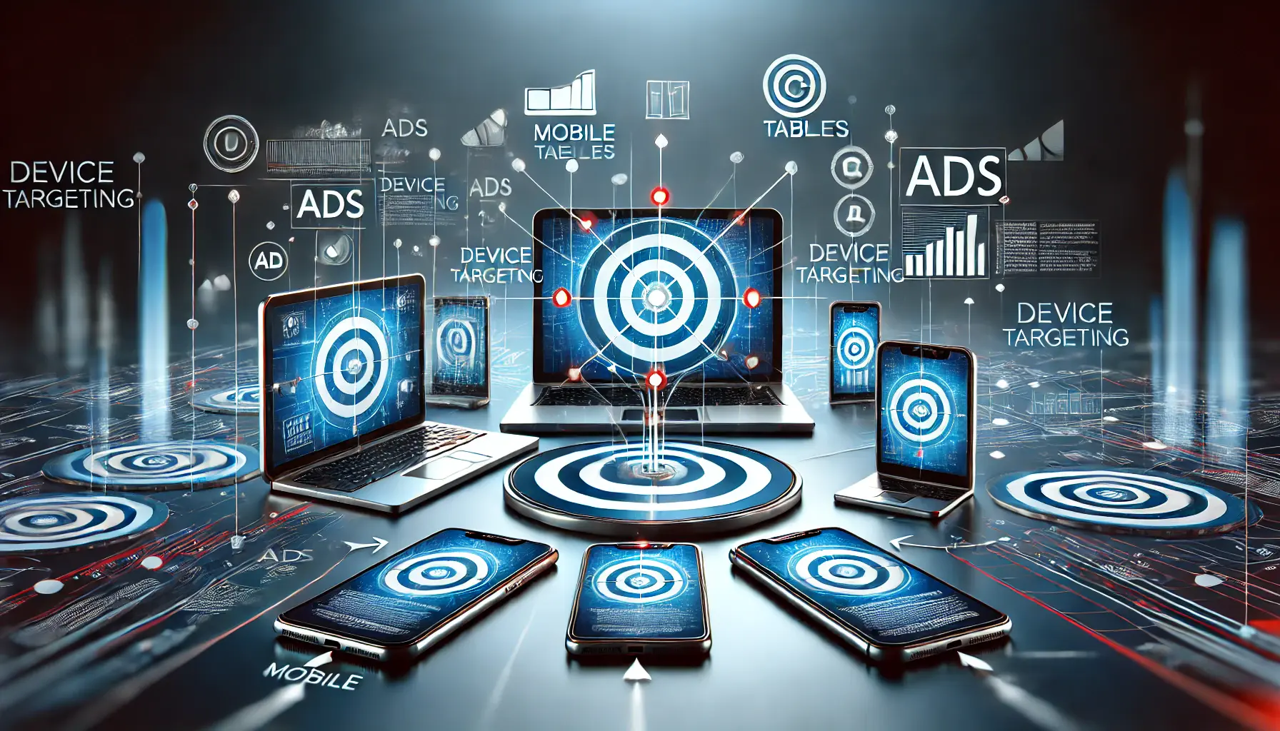 A digital marketing scene showing targeted ads being delivered to various devices like smartphones, tablets, and laptops, symbolizing device-specific ad targeting.