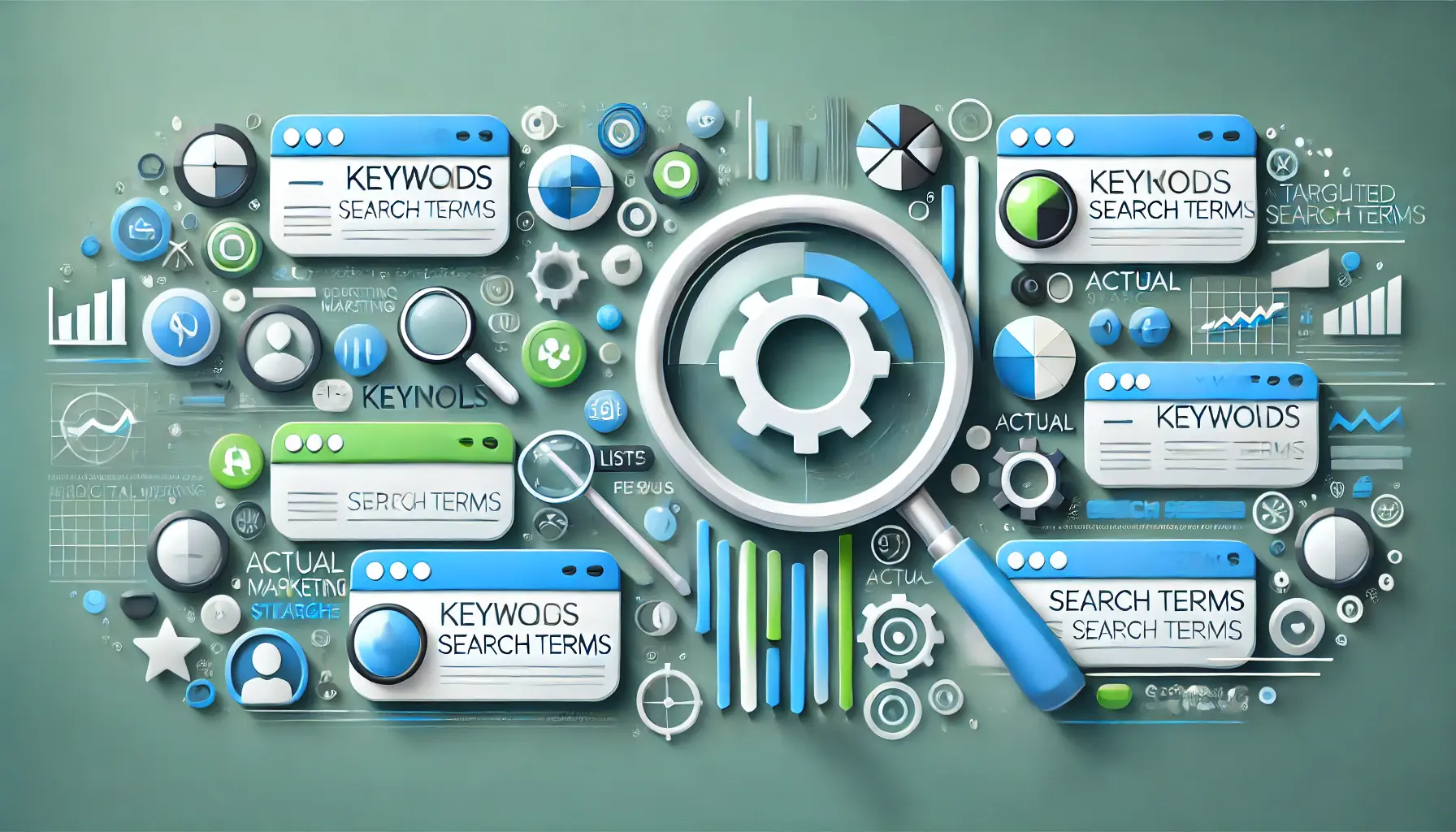 Visual representation of keywords versus search terms with icons like magnifying glasses, lists, and search result symbols