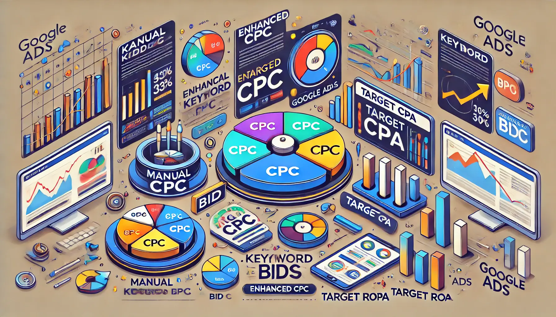 A digital marketing illustration showcasing the different types of keyword bids in Google Ads, featuring representations of bidding strategies and graphical elements.