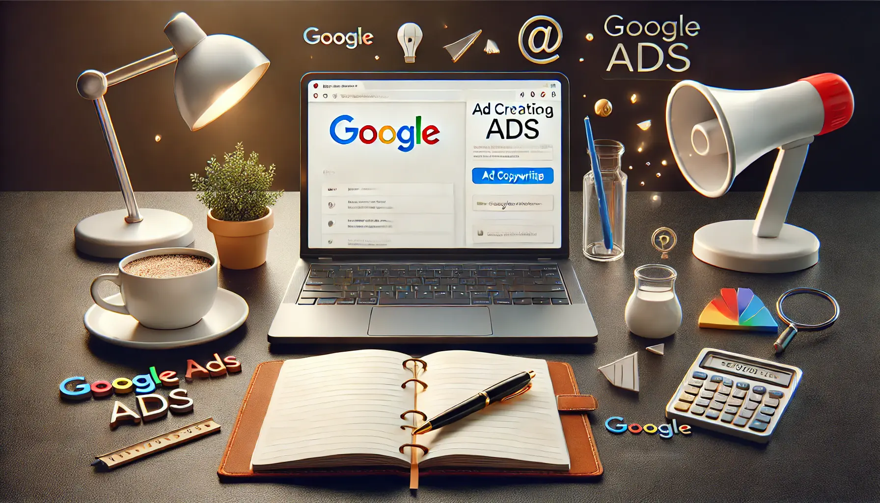 A modern workspace with a laptop displaying a Google Ads dashboard for ad creation, alongside a notebook, pen, and coffee cup, with subtle advertising icons in the background.