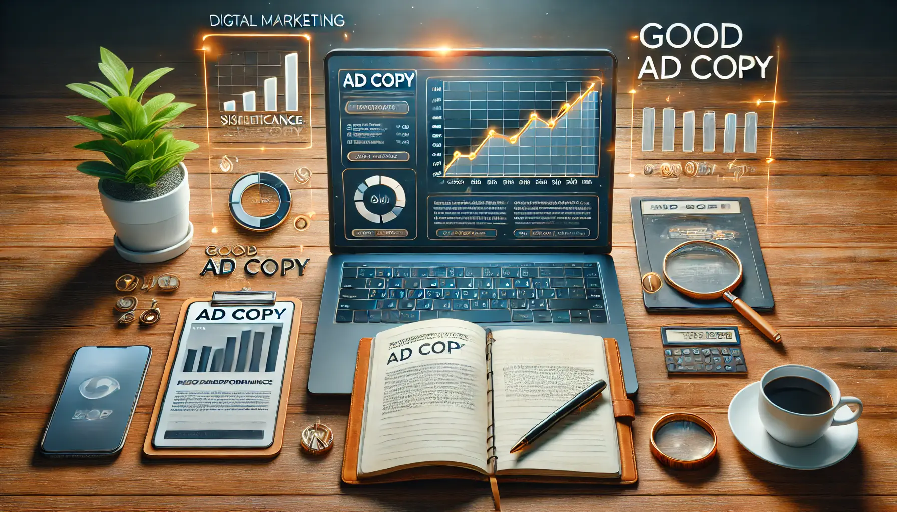 A professional workspace with a laptop displaying an ad performance dashboard and a draft of ad copy, alongside notes, coffee, and subtle icons representing growth.