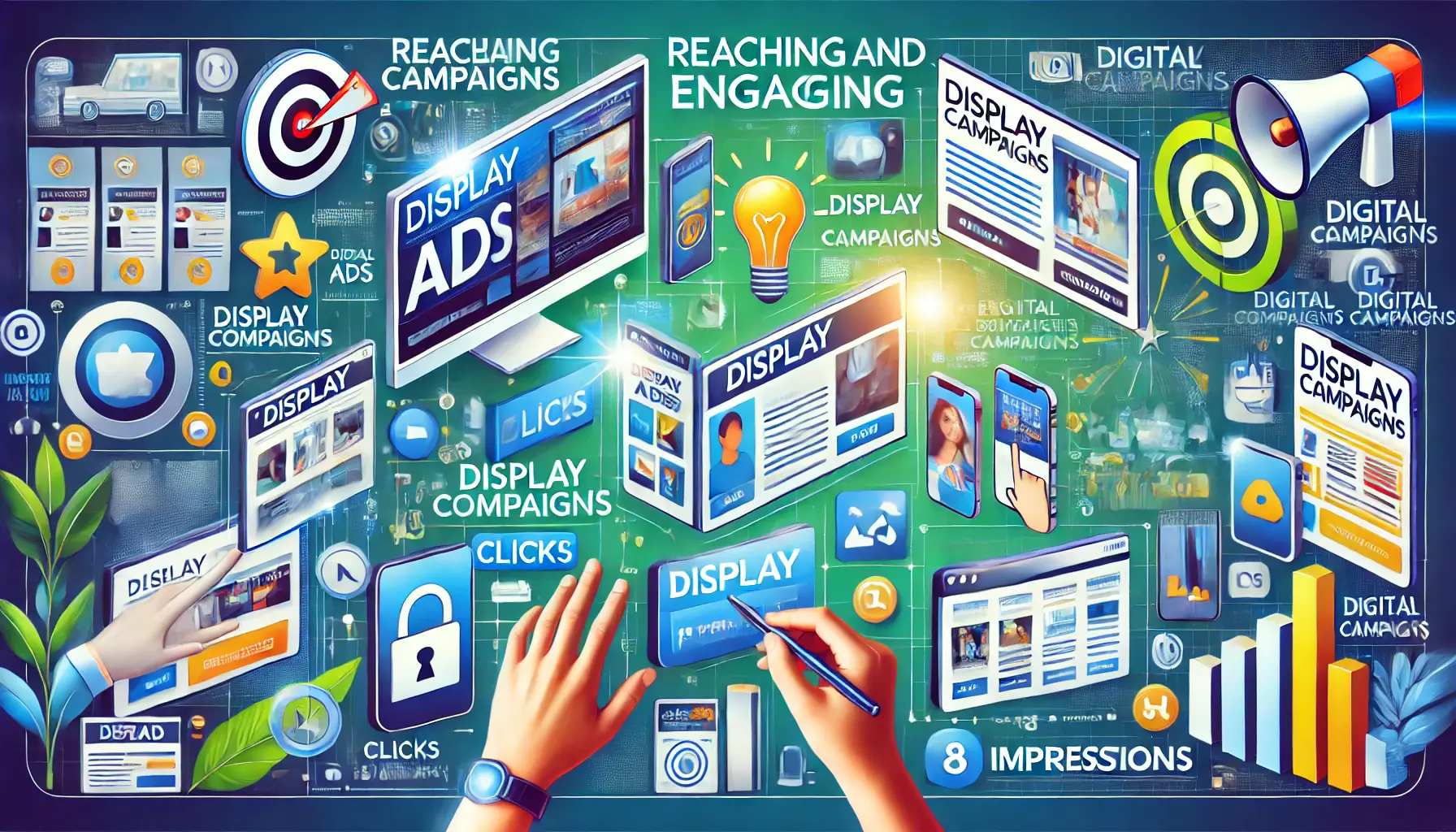 A visual representation of display campaigns in digital marketing, showcasing various digital ads and user engagement.