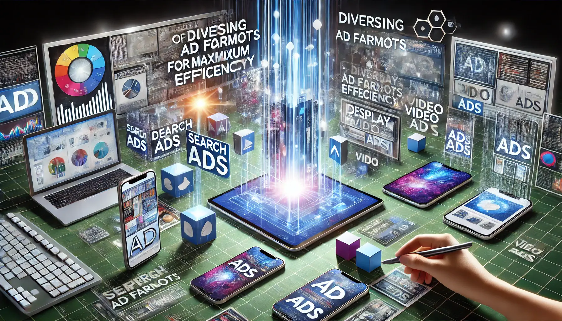 A digital marketing scene showing different devices displaying various ad formats like search, display, and video ads, symbolizing efficient ad format diversification.