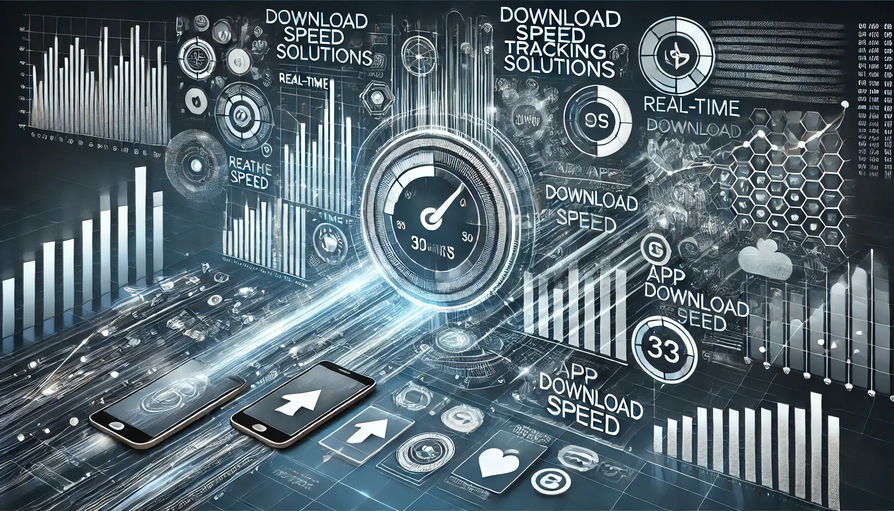 Abstract representation of download speed tracking with data dashboards, real-time graphs, and digital monitoring tools.