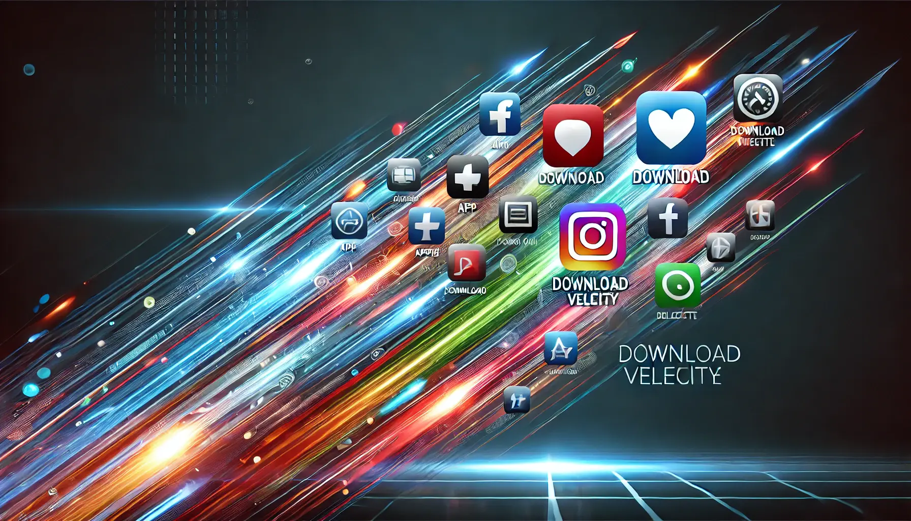 Abstract representation of app downloads at high speed with motion effects, symbolizing download velocity in a futuristic digital style.