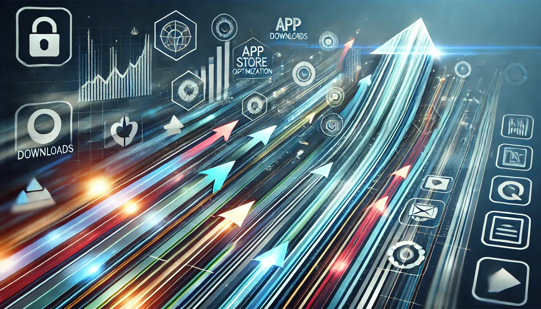 Abstract visualization of app downloads progressing over time with arrows and progress bars representing growth and acceleration in ASO.