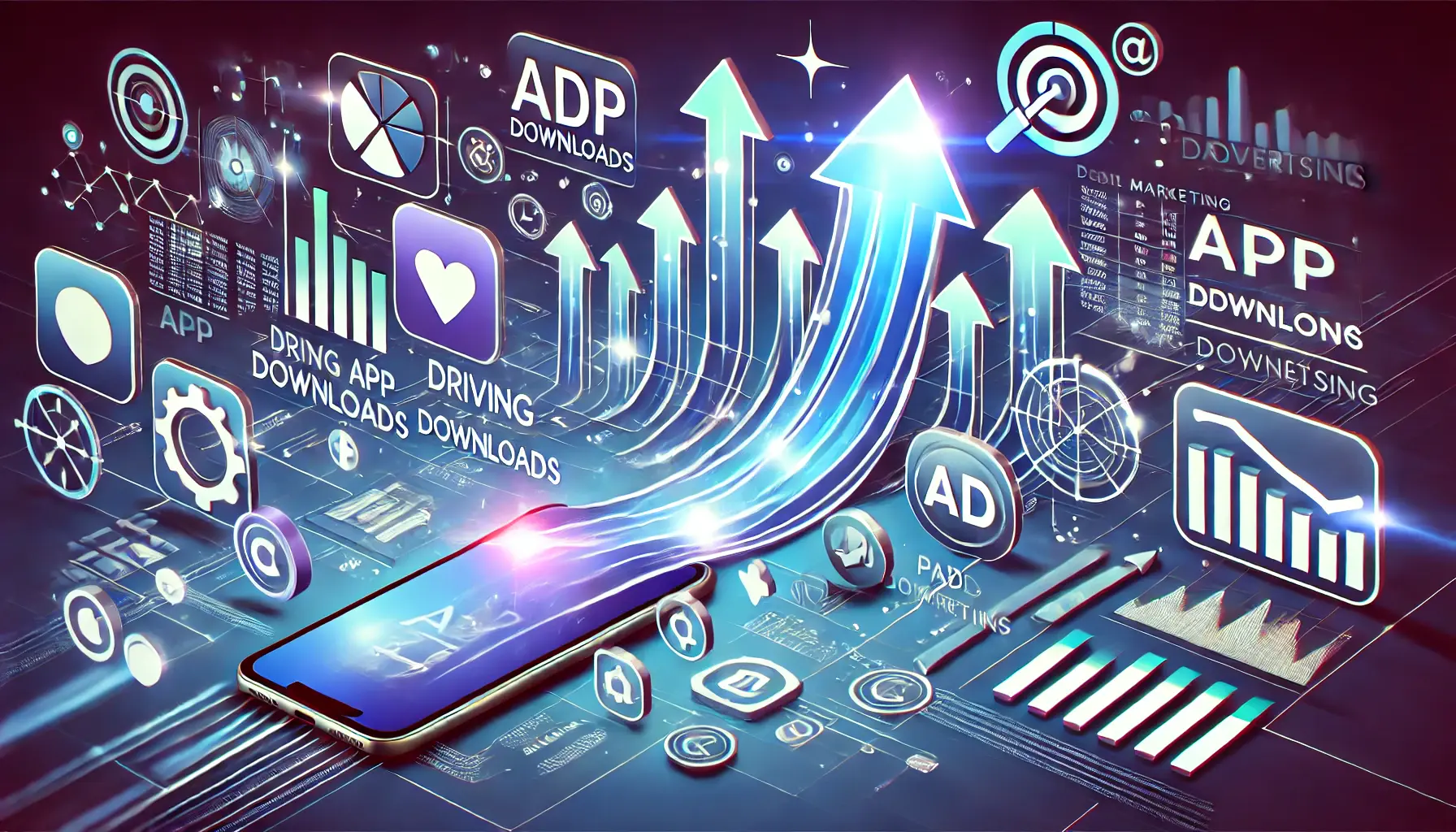 Abstract representation of app downloads increasing through paid advertising, featuring app icons, marketing tools, and data analytics with arrows showing growth.