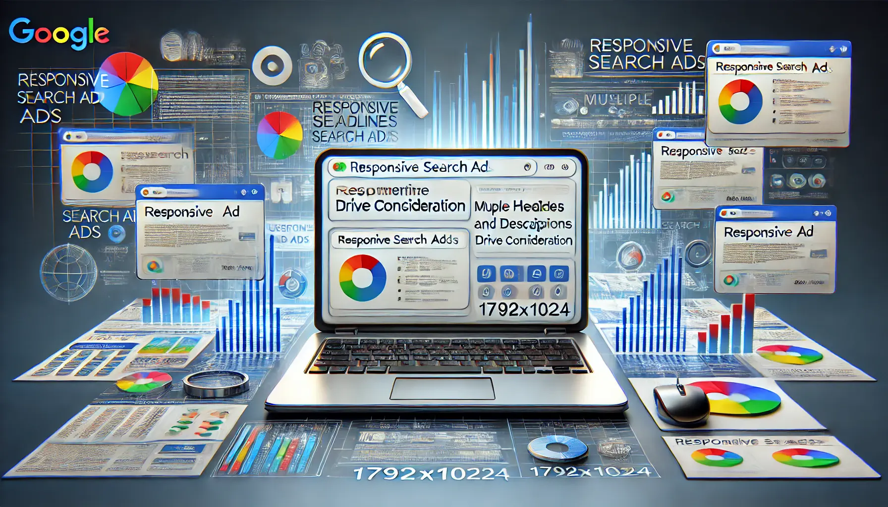 Digital marketing scene with a laptop displaying a Google Ads interface for responsive search ads, showing multiple headlines and descriptions being tested, surrounded by user queries and engagement metrics.