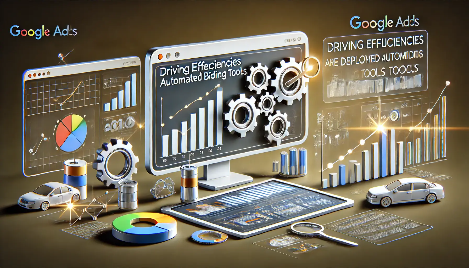 Visual representation of automated bidding tools improving efficiency, featuring gears, algorithms, and a dashboard showing performance metrics.