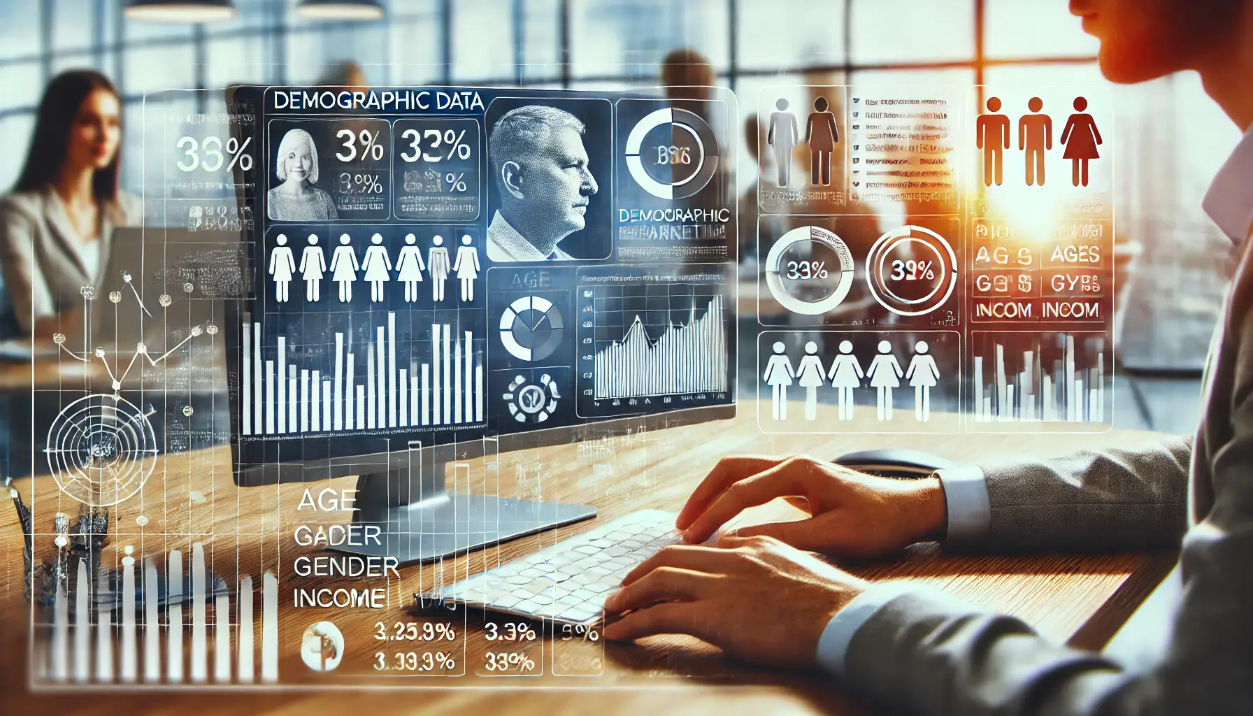 Data analyst at a computer screen displaying demographic data analytics with charts and graphs in a modern office.