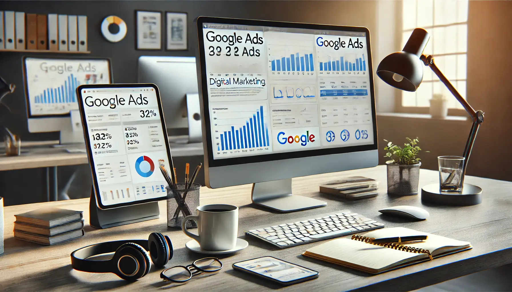 Digital marketing setup with computer and tablet showing data analytics for Google Ads on a desk with accessories like coffee and headphones.