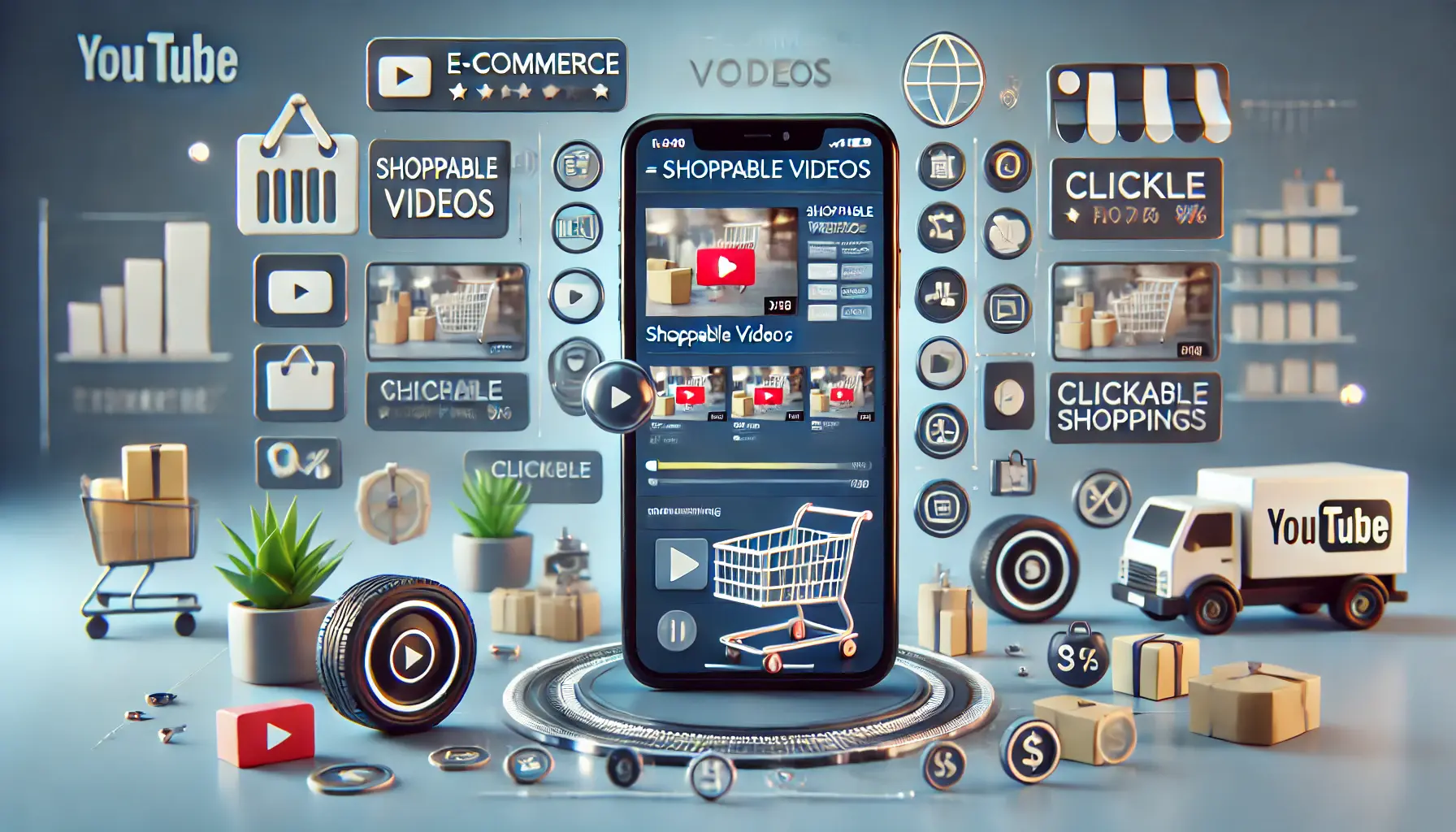 Smartphone displaying a shoppable video with product tags and shopping icons