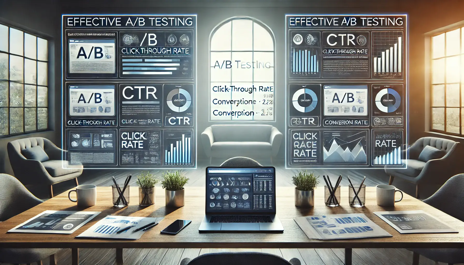 A split-screen digital marketing dashboard showing two variations of an ad or landing page with performance metrics like CTR and conversion rate.