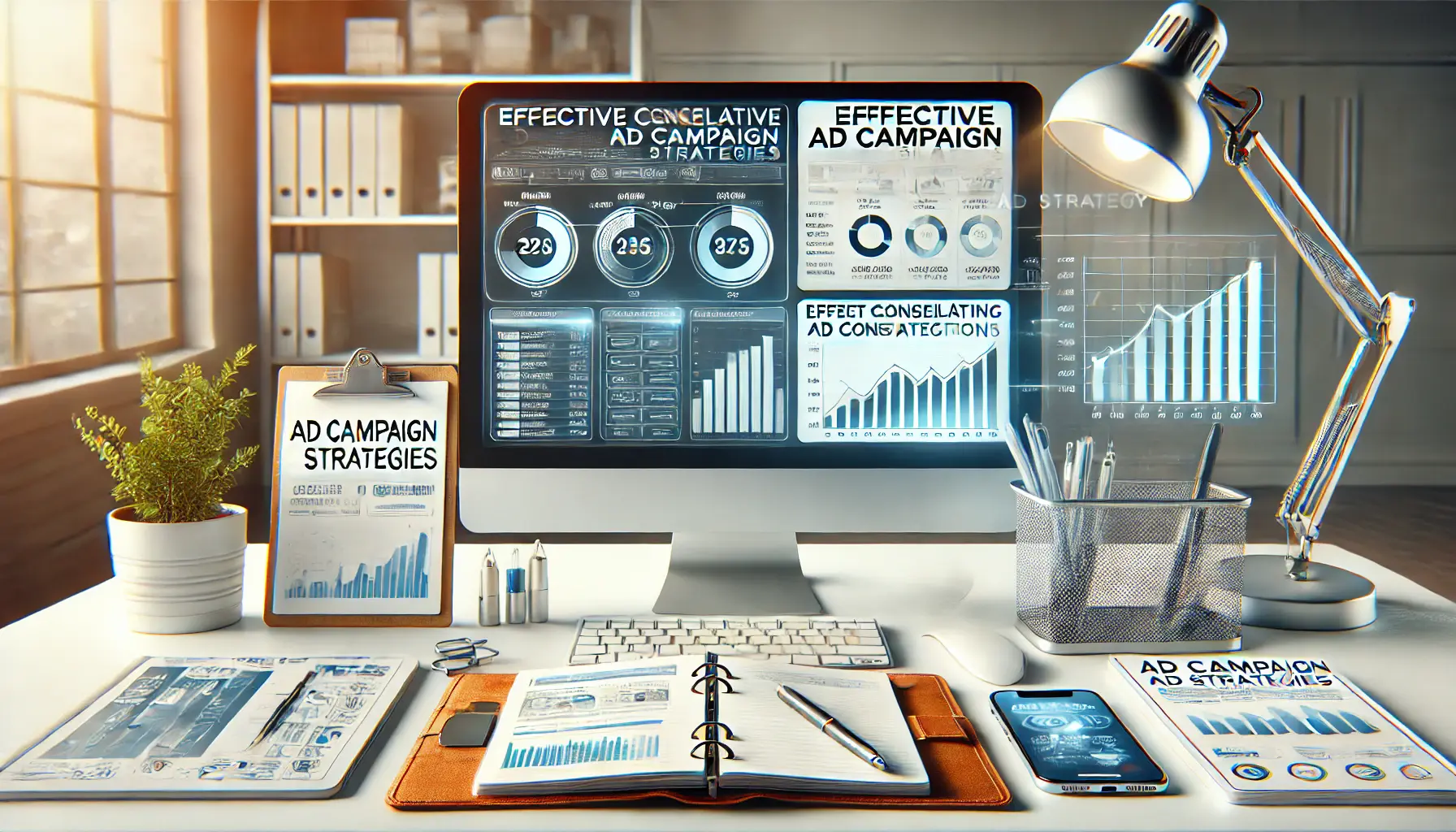 A professional digital marketing workspace with a computer displaying a comprehensive ad strategy dashboard showing organized campaign data and metrics, symbolizing effective ad campaign consolidation strategies.